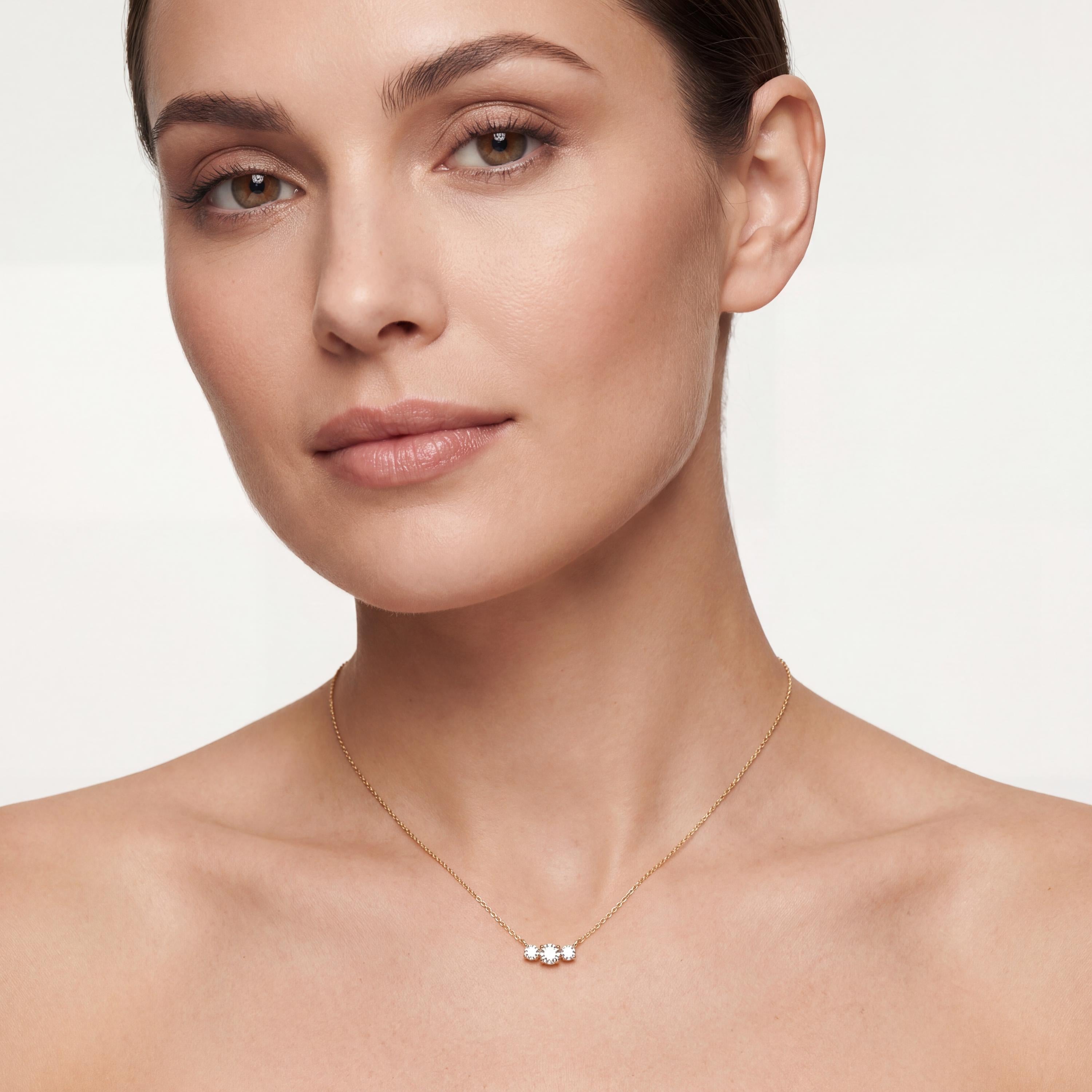 Round Diamond Three Stone Dainty Necklace 14K Solid Gold Pendant
