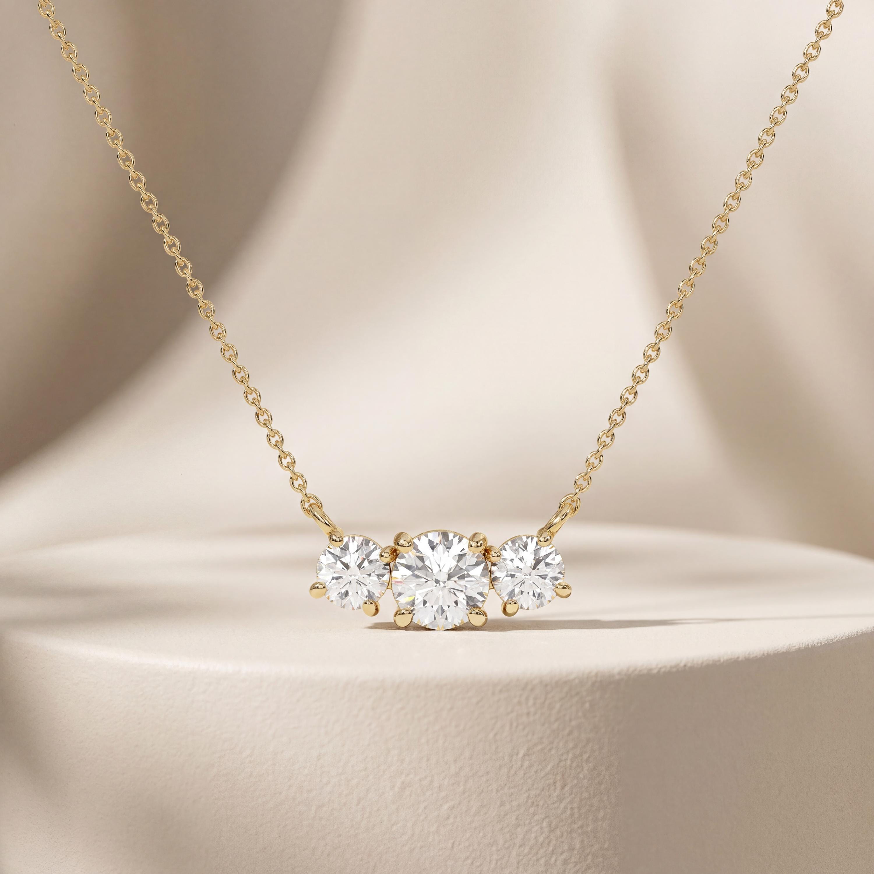 Round Diamond Three Stone Dainty Necklace 14K Solid Gold Pendant