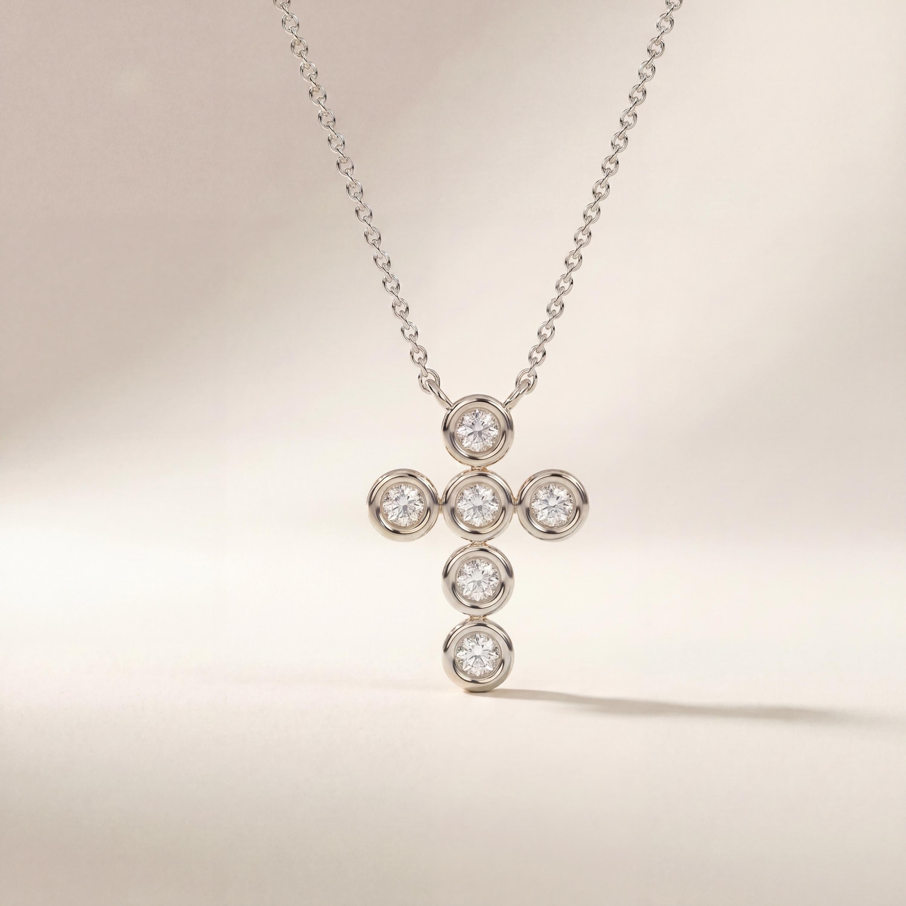 Round Diamond Dainty Bezel Set Cross 14K Solid Gold Pendant Necklace