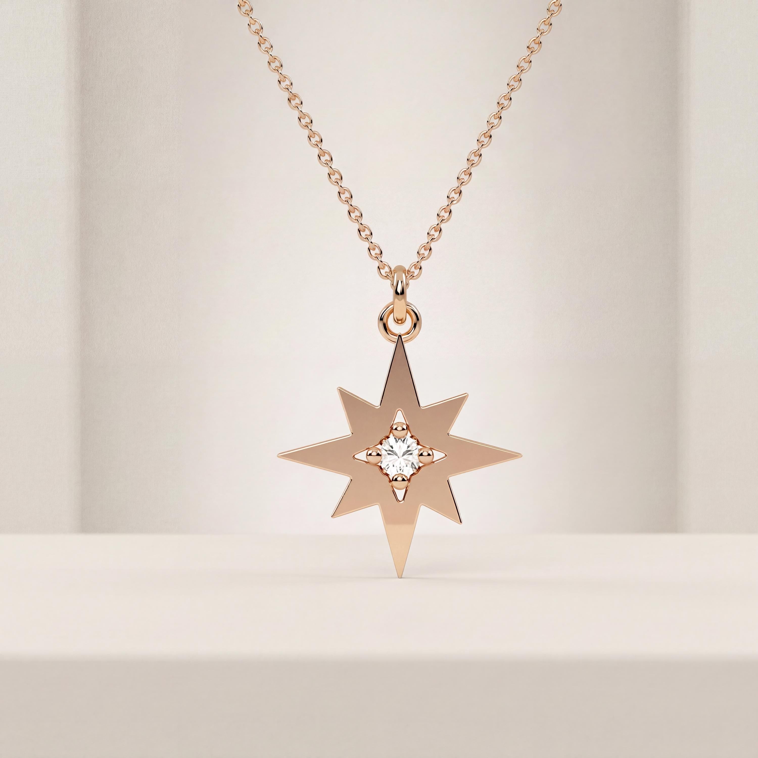Round Diamond Dainty North Star Compass 14K Solid Gold Pendant Necklace