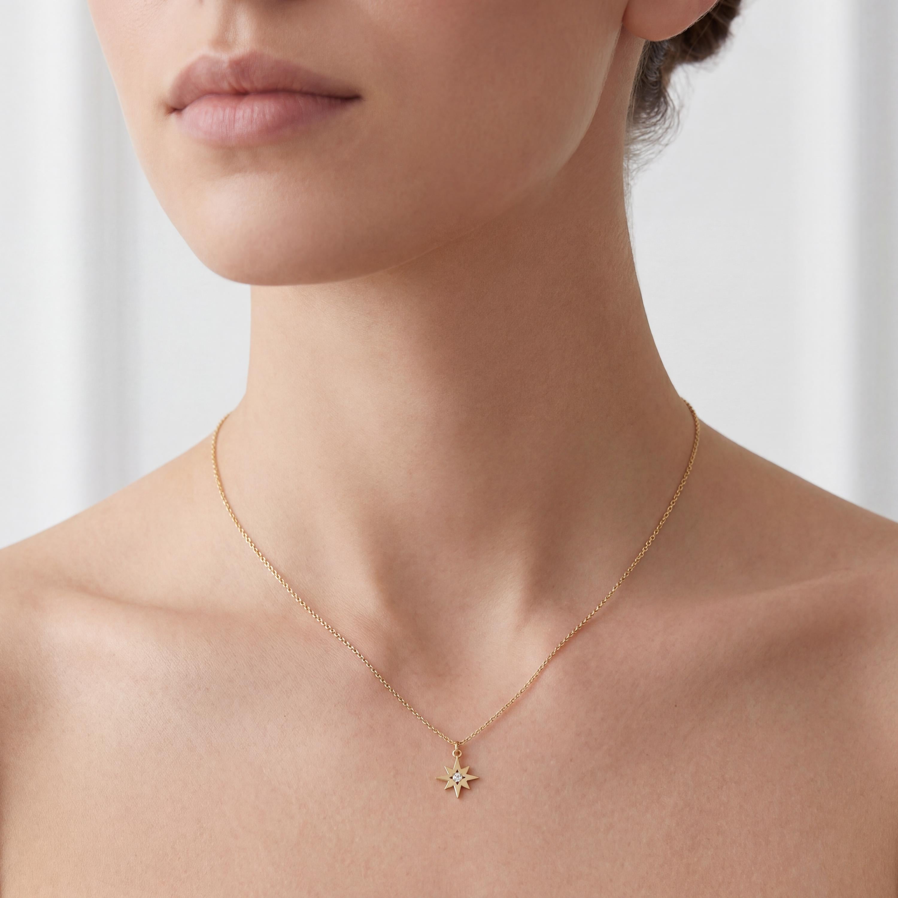 Round Diamond Dainty North Star Compass 14K Solid Gold Pendant Necklace