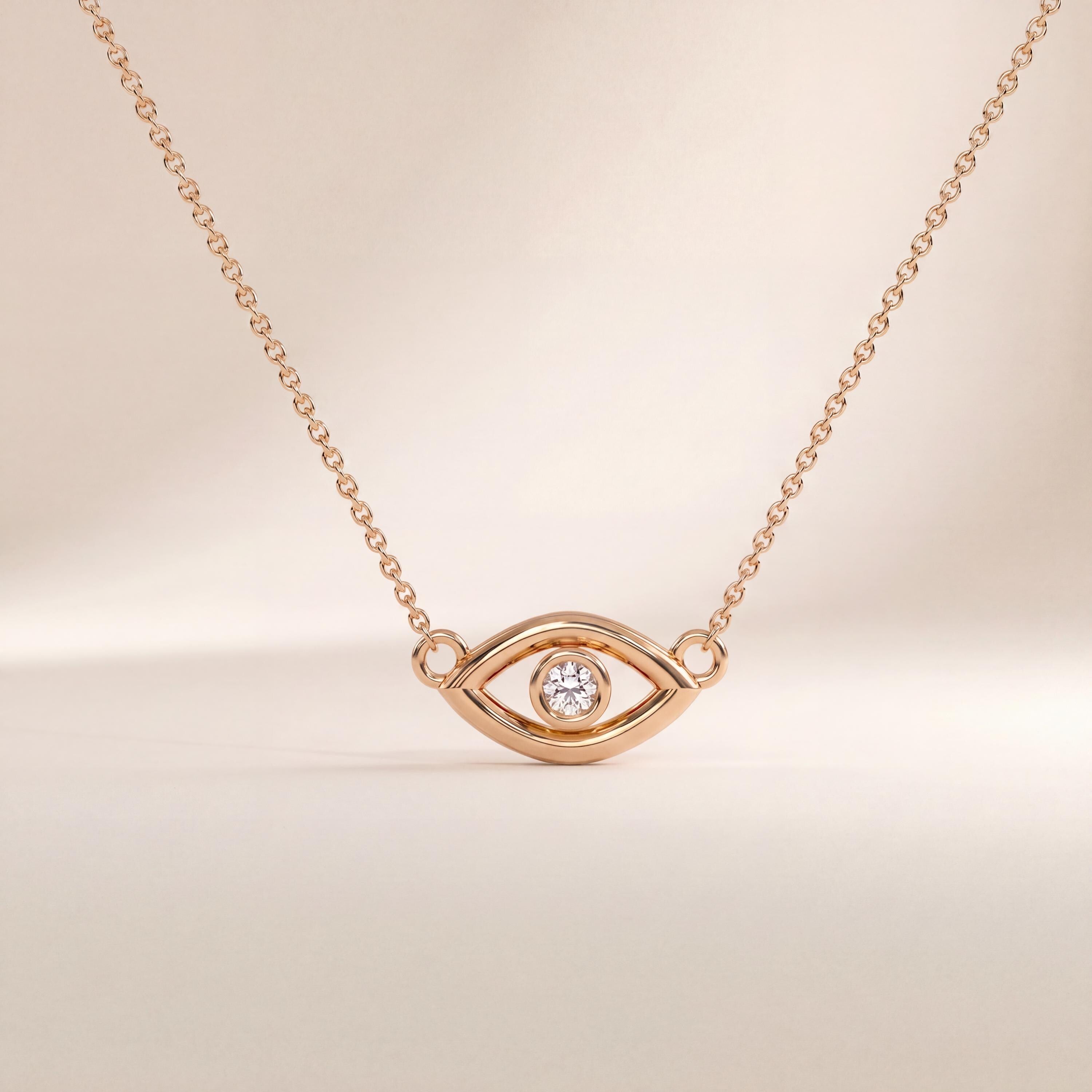 Round Diamond Dainty Evil Eye 14K Solid Gold Pendant Necklace