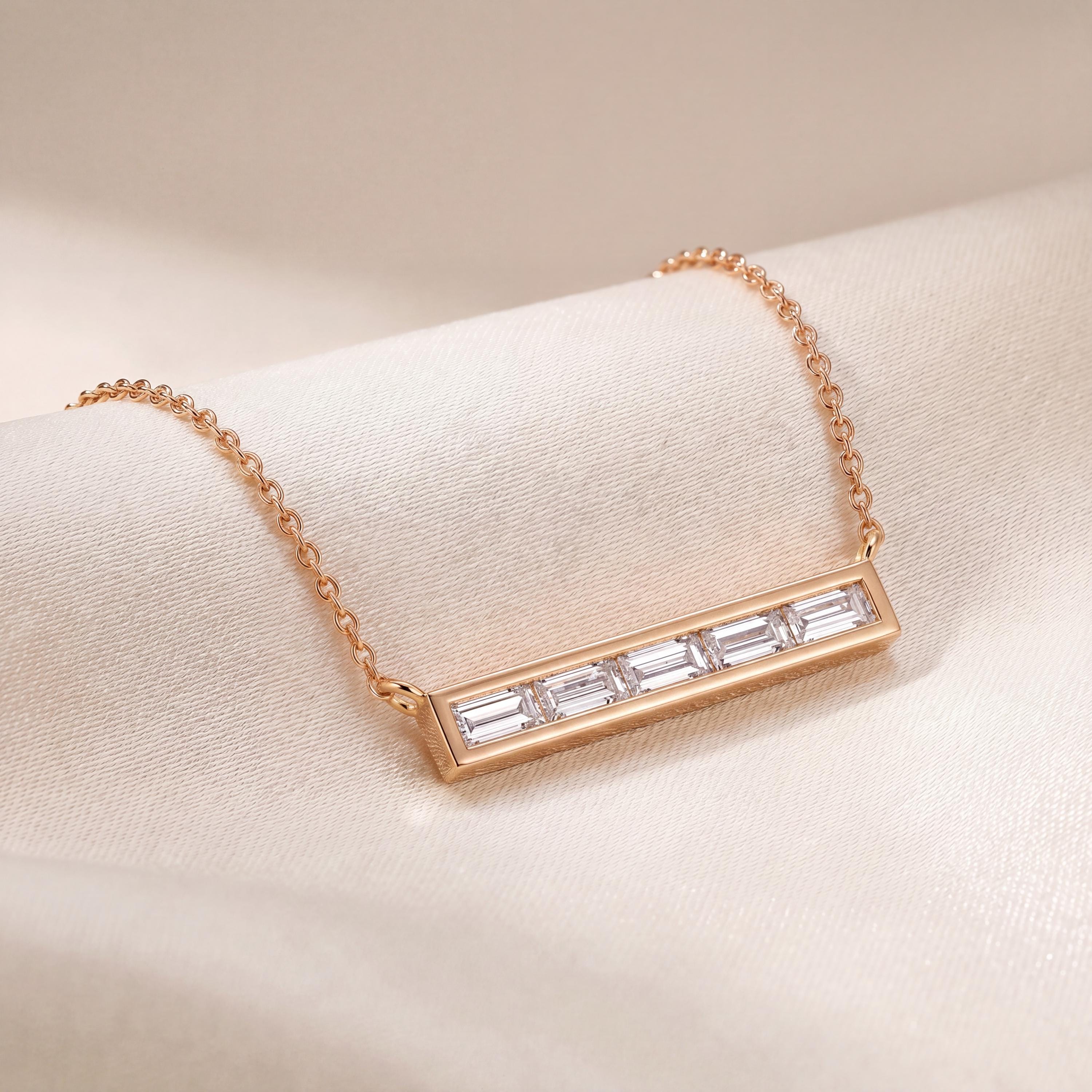 Baguette Diamond Dainty Bar Channel Set 14K Solid Gold Pendant Necklace