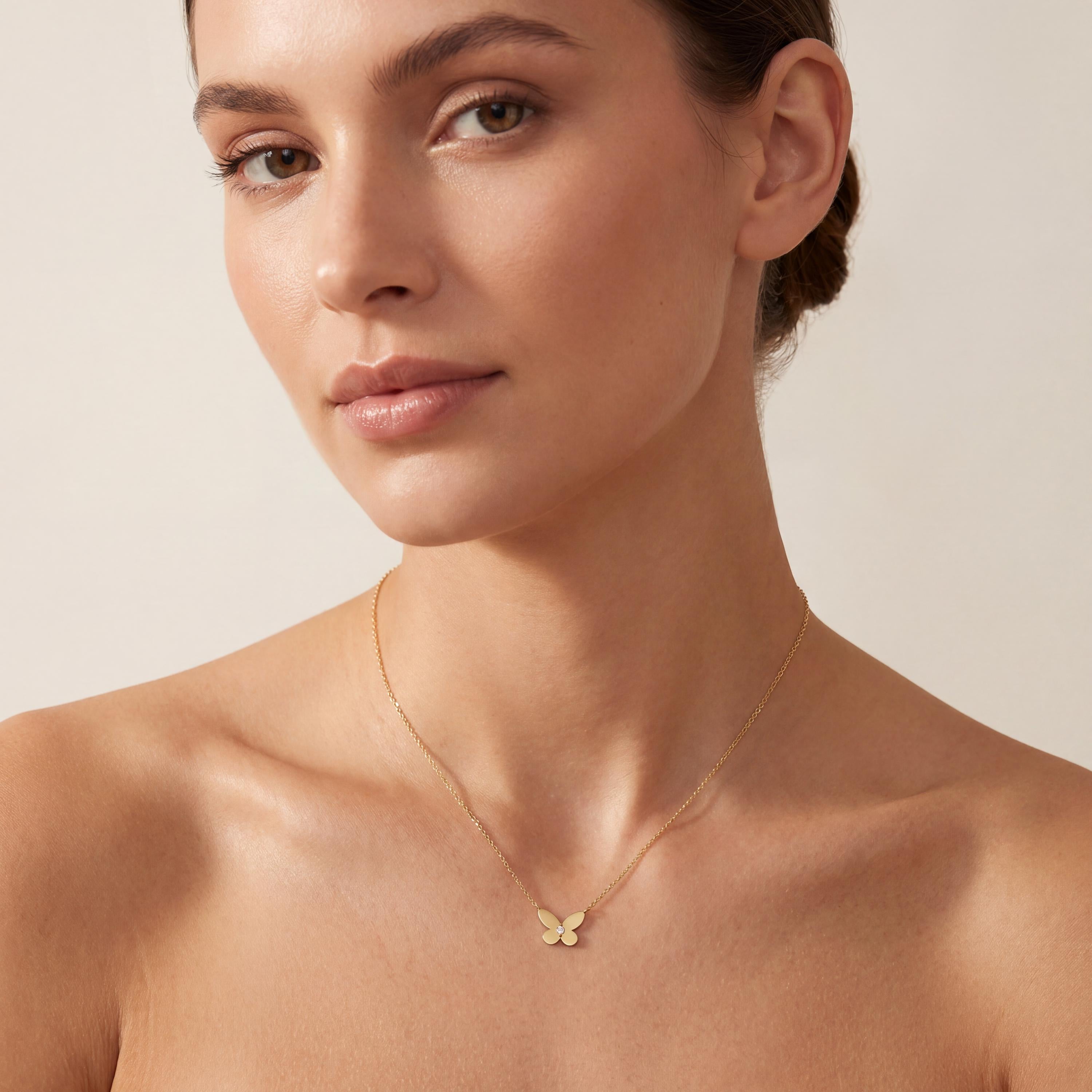 Round Solitaire Diamond Dainty Butterfly 14K Solid Gold Pendant Necklace