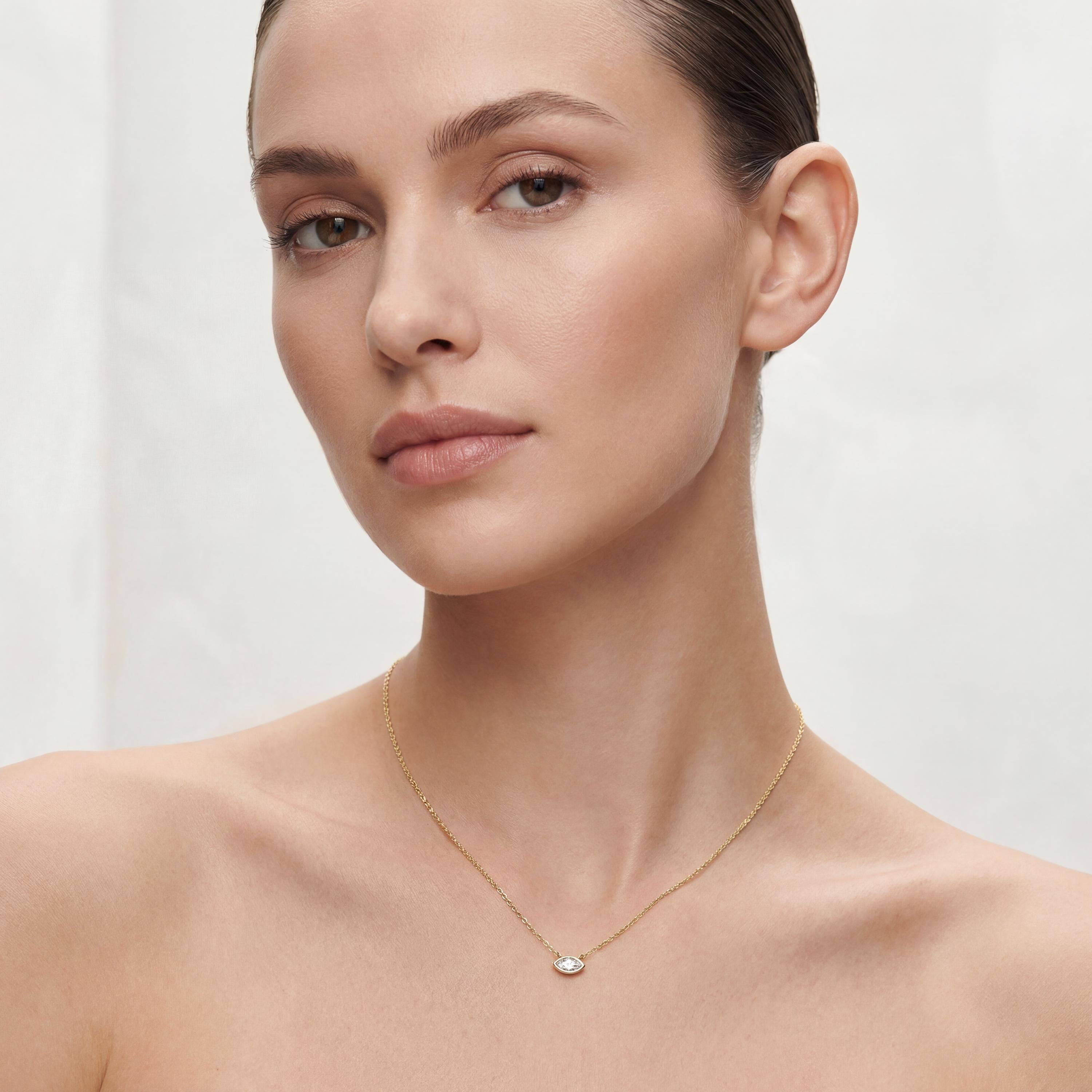 Marquise Solitaire Diamond Dainty Bezel Set 14K Solid Gold Pendant Necklace