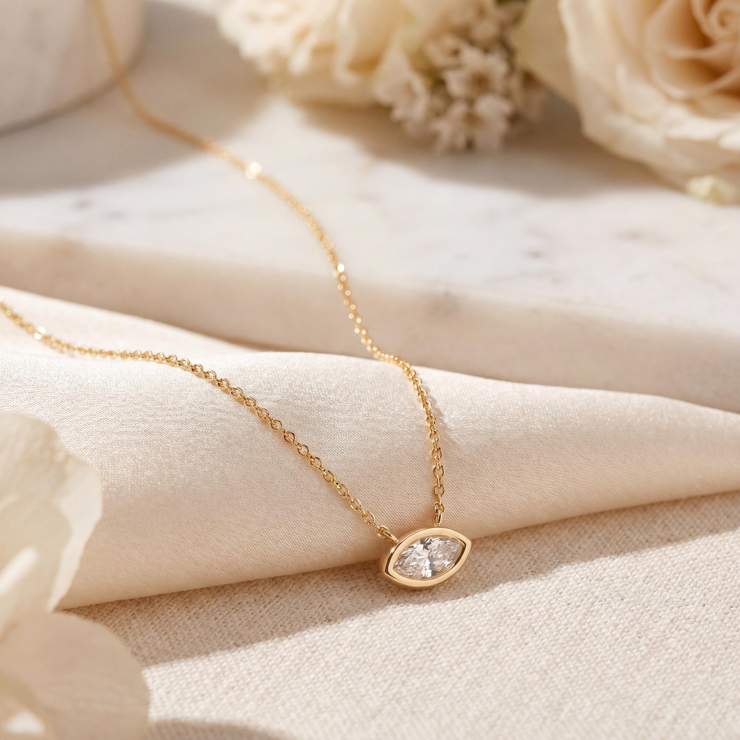 Marquise Solitaire Diamond Dainty Bezel Set 14K Solid Gold Pendant Necklace