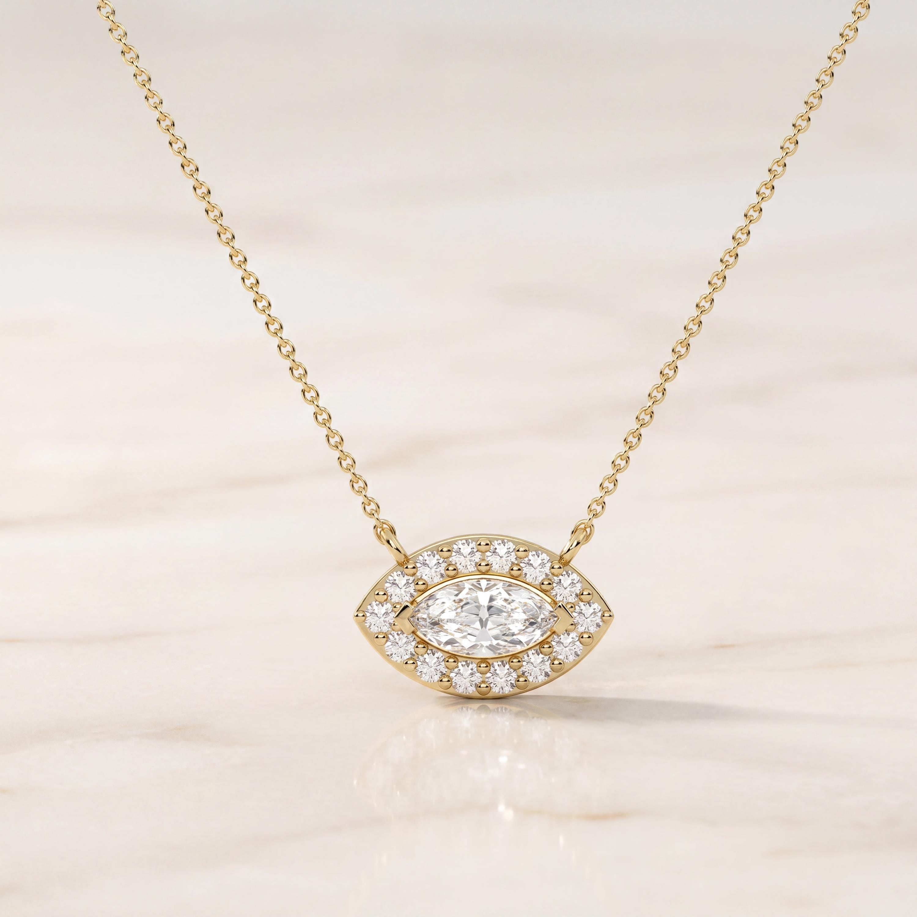 Marquise Diamond Halo Eye Shape 14K Solid Gold Pendant Necklace