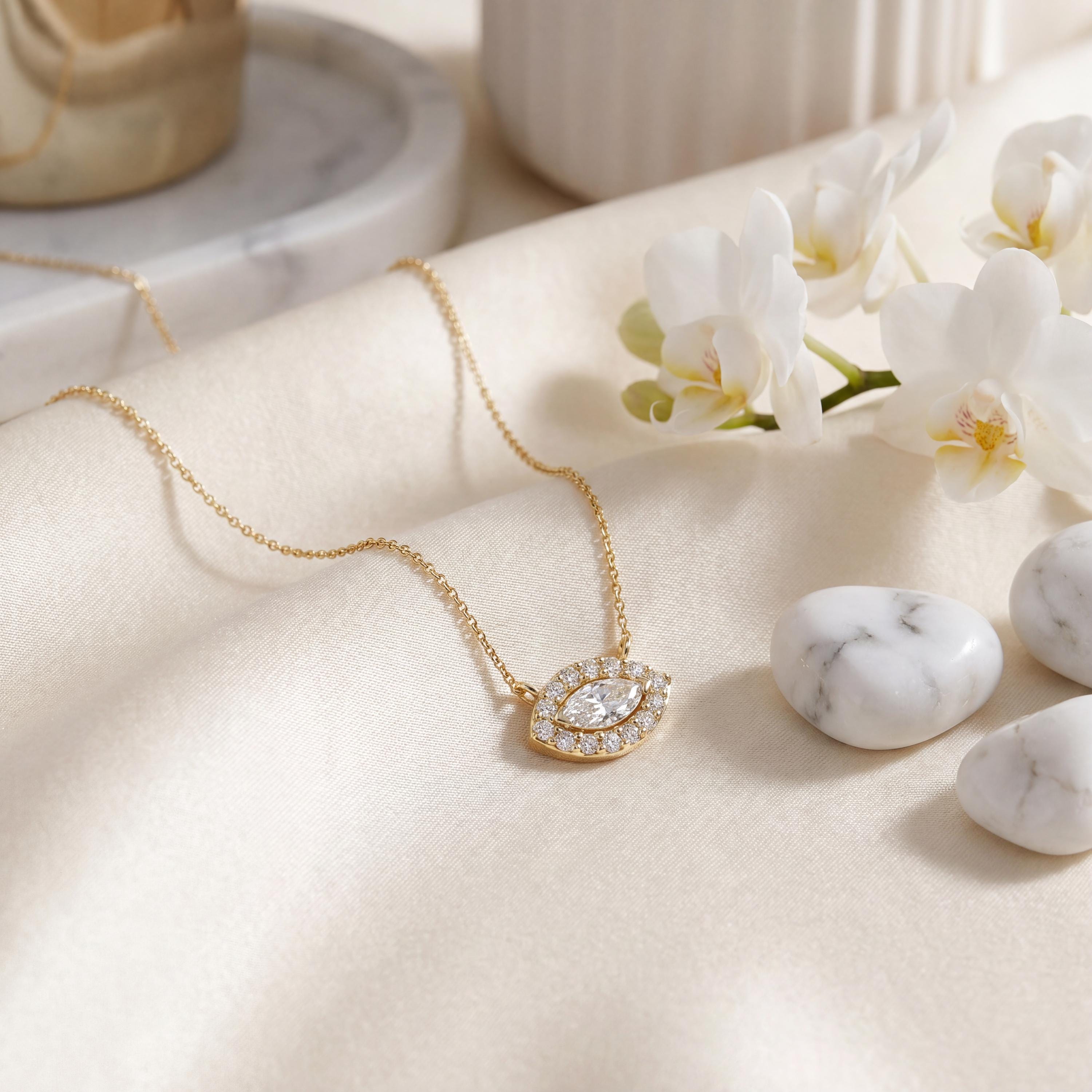 Marquise Diamond Halo Eye Shape 14K Solid Gold Pendant Necklace