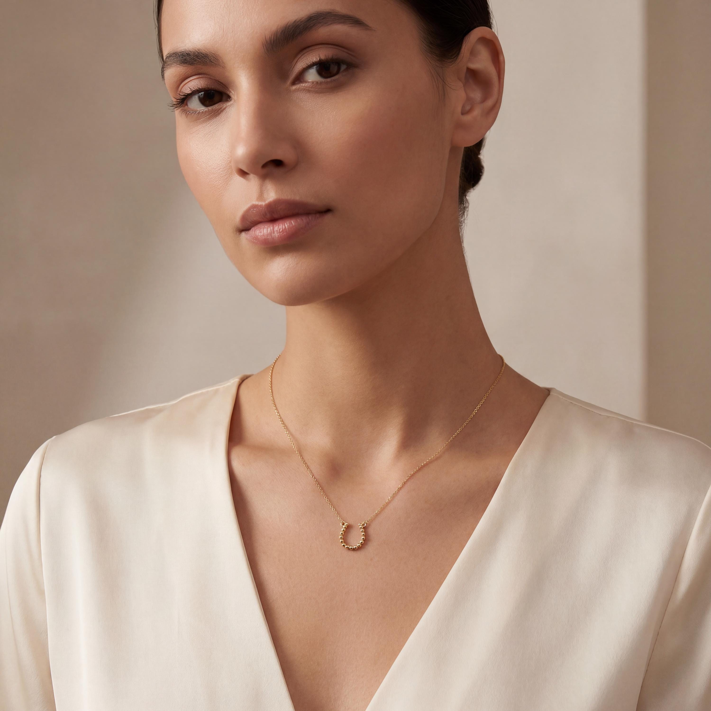 Beaded Round Dainty 14K Solid Gold Horseshoe Pendant Necklace