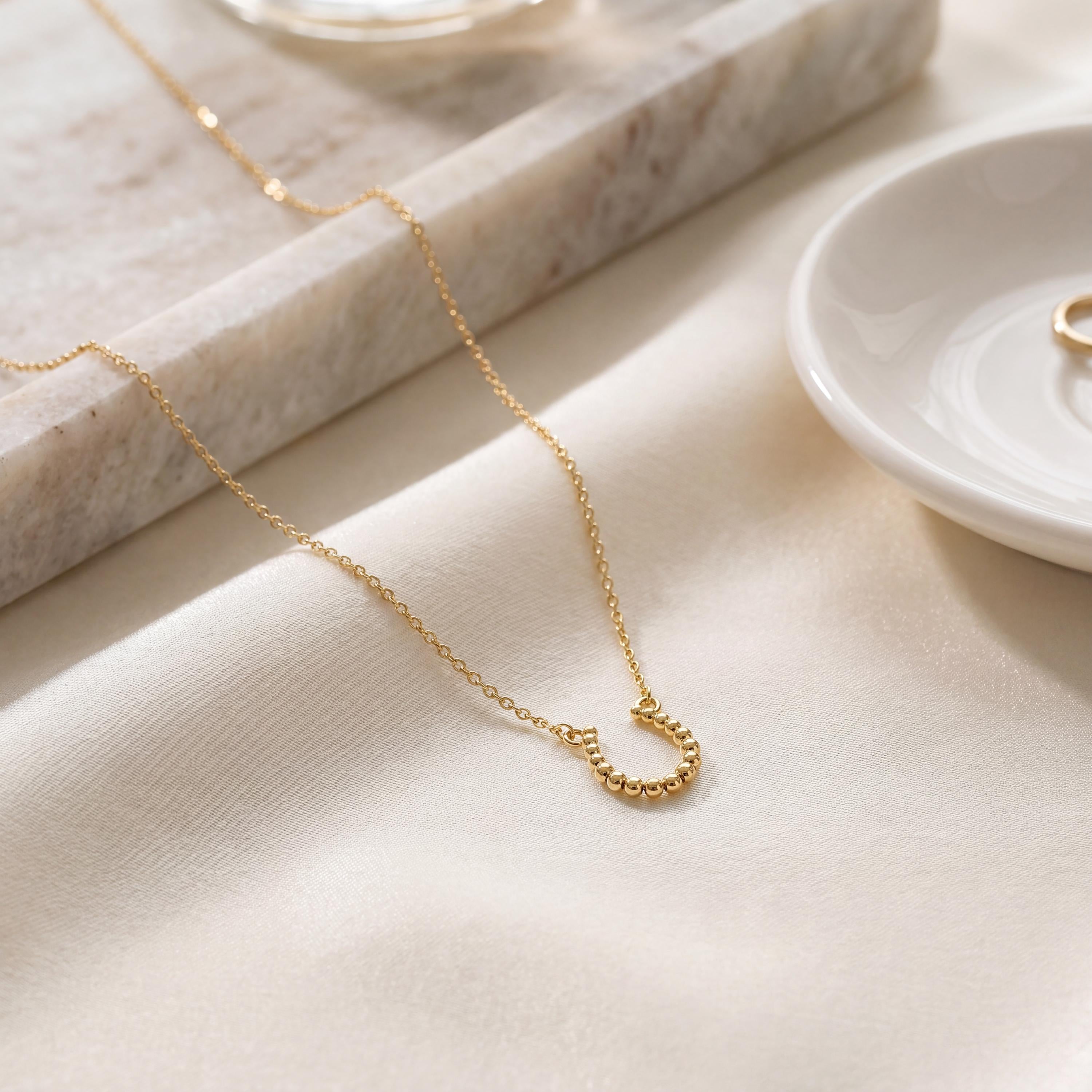 Beaded Round Dainty 14K Solid Gold Horseshoe Pendant Necklace
