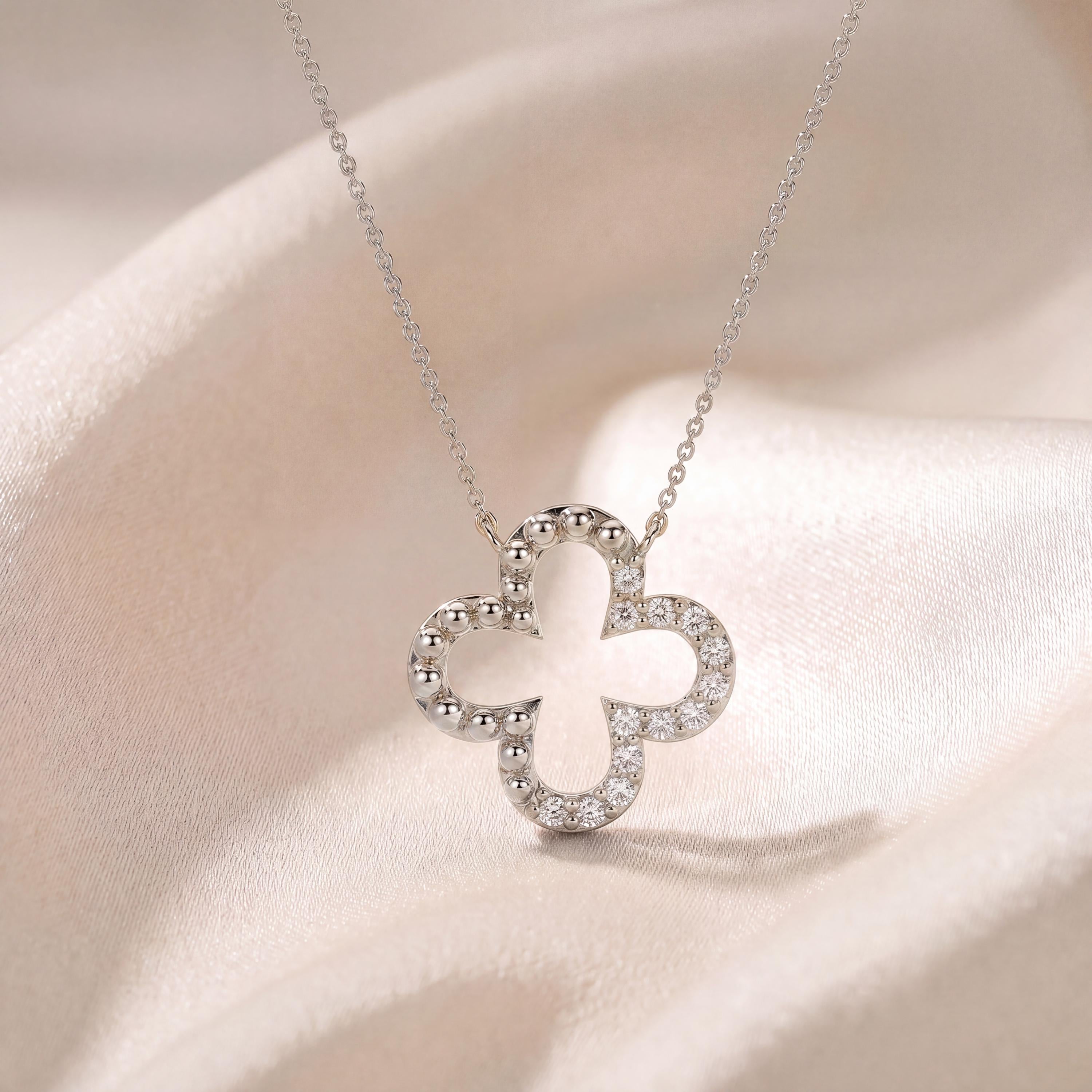 Diamond & Beaded Clover Leaf 14K Solid Gold Pendant Necklace