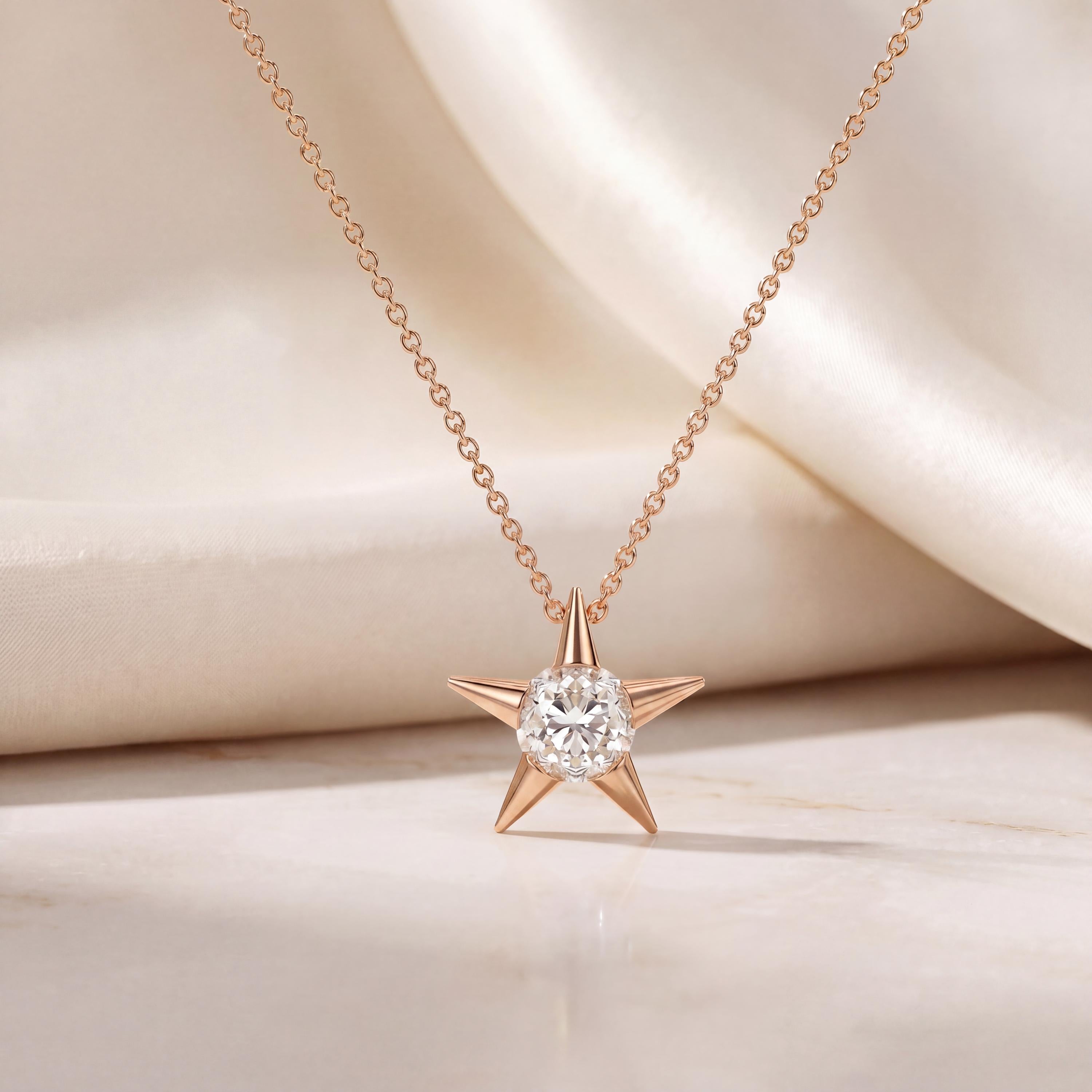Round Solitaire Diamond Dainty Star 14K Solid Gold Pendant Necklace
