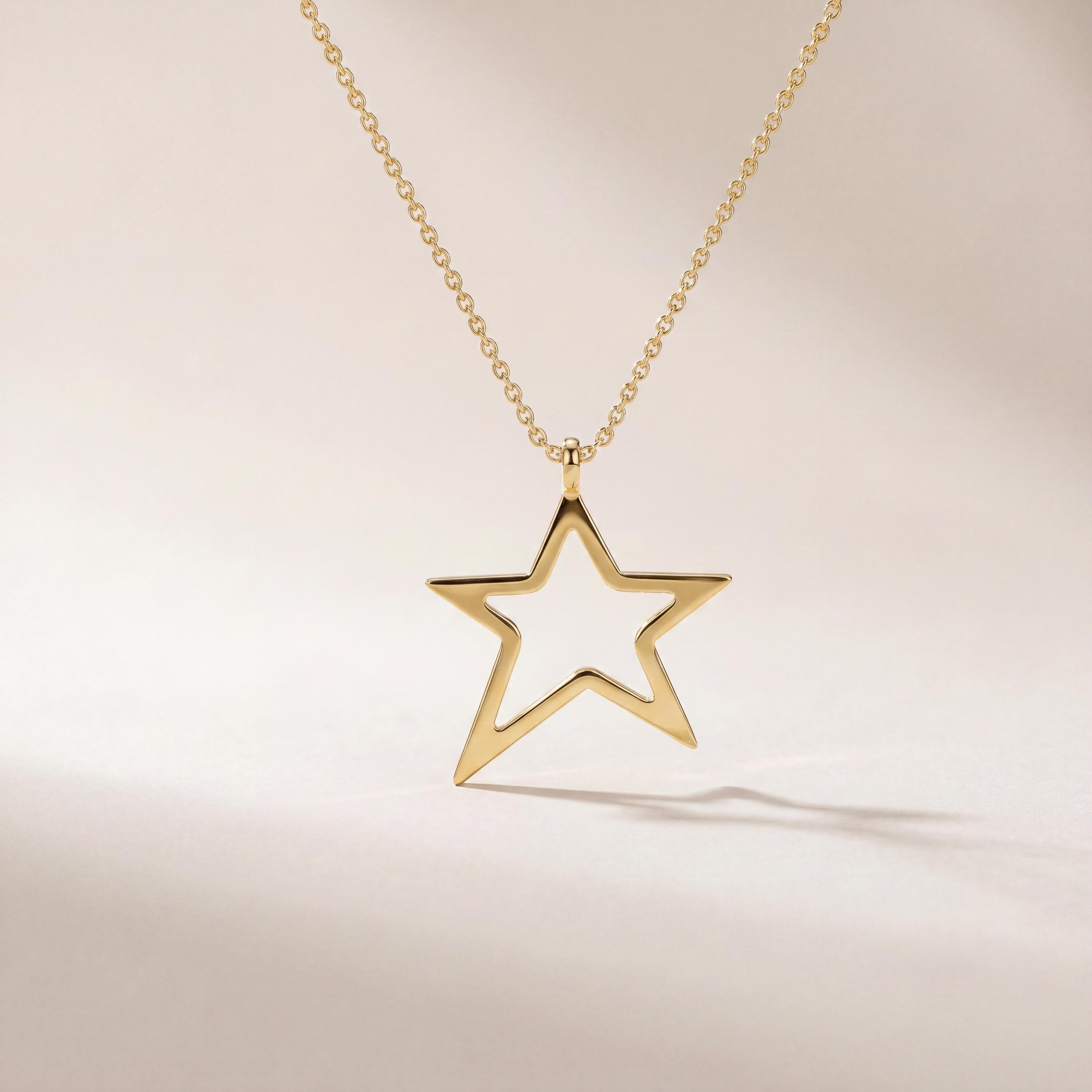 Open Star Dainty 14K Solid Gold Pendant Necklace