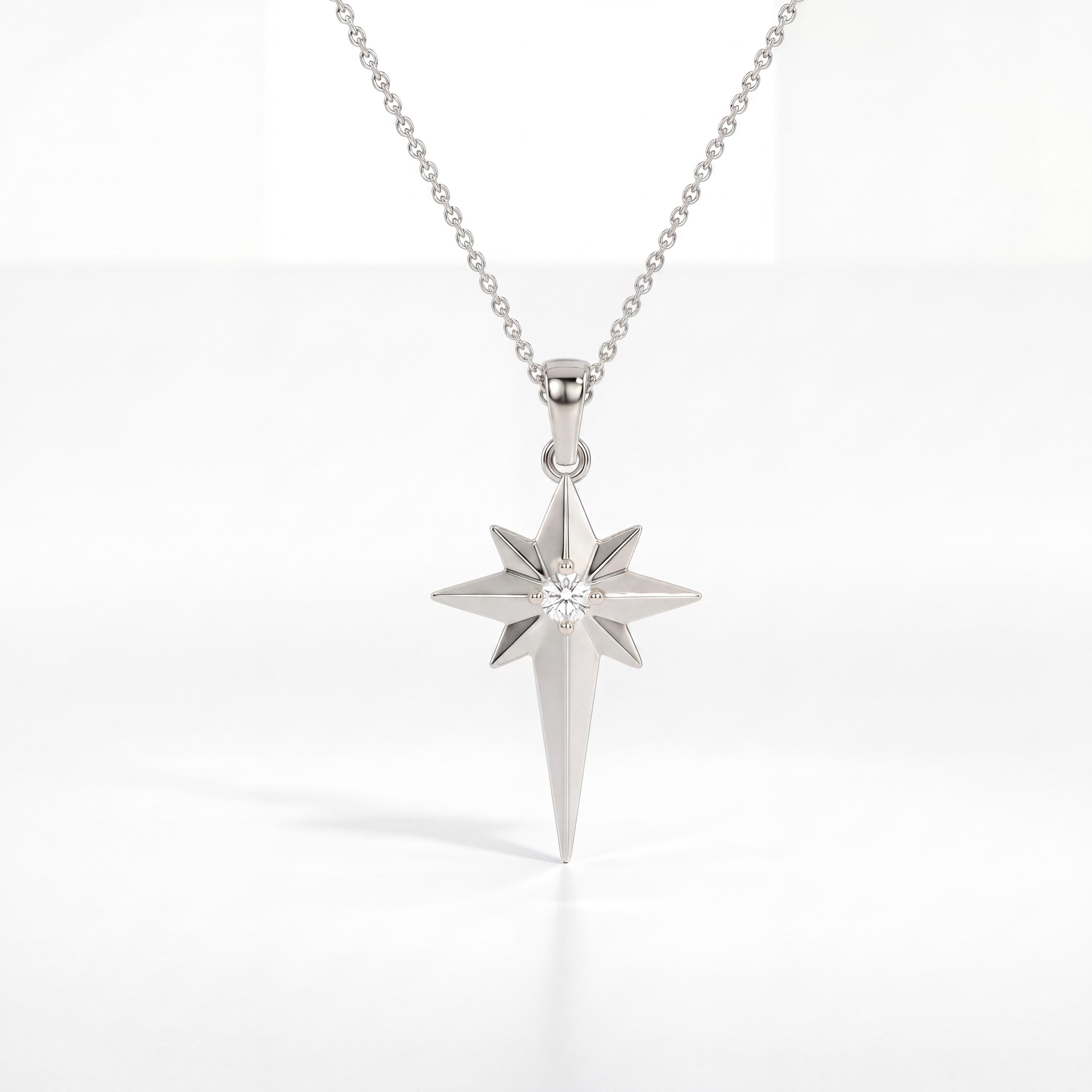 Round Diamond Dainty North Star 14K Solid Gold Pendant Necklace