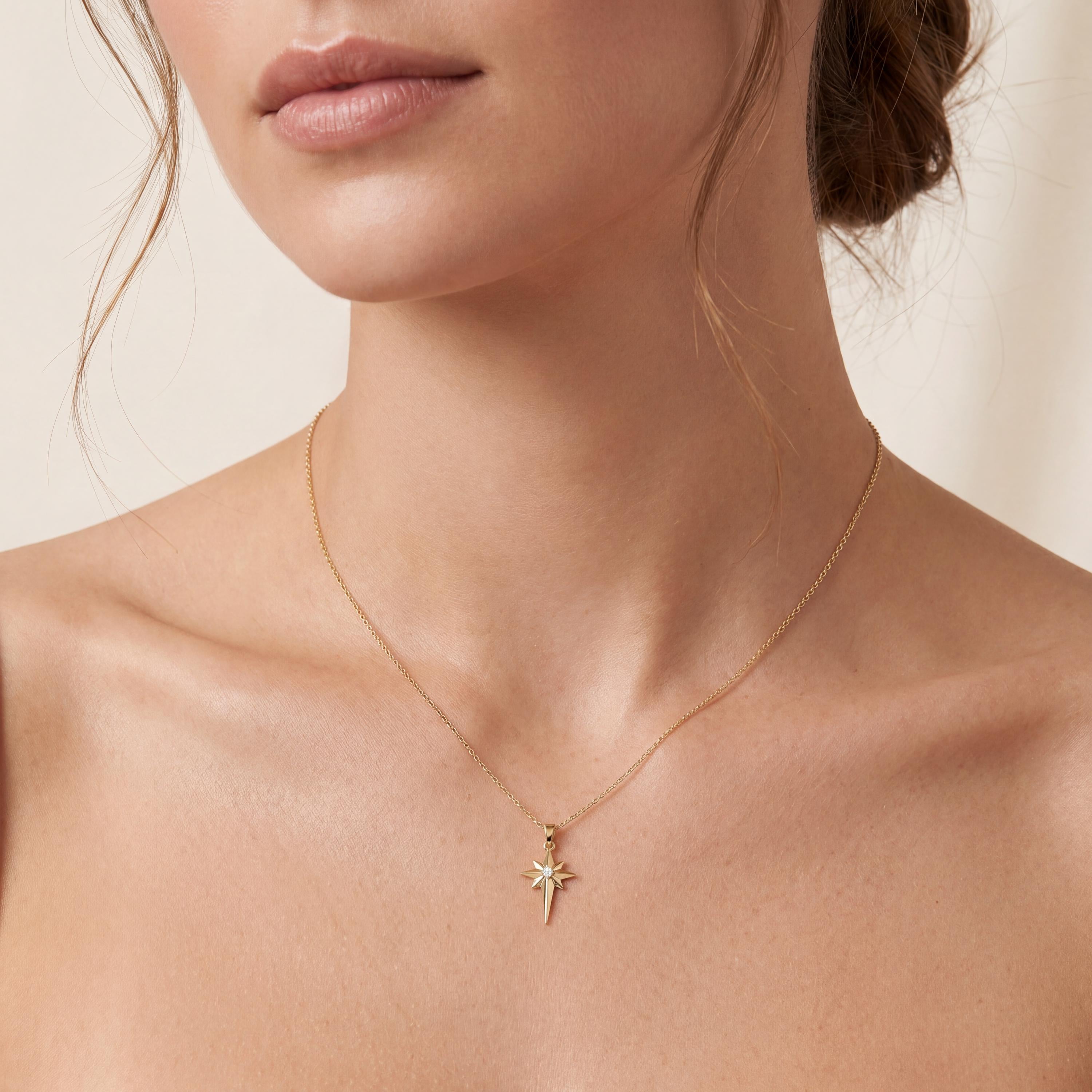 Round Diamond Dainty North Star 14K Solid Gold Pendant Necklace