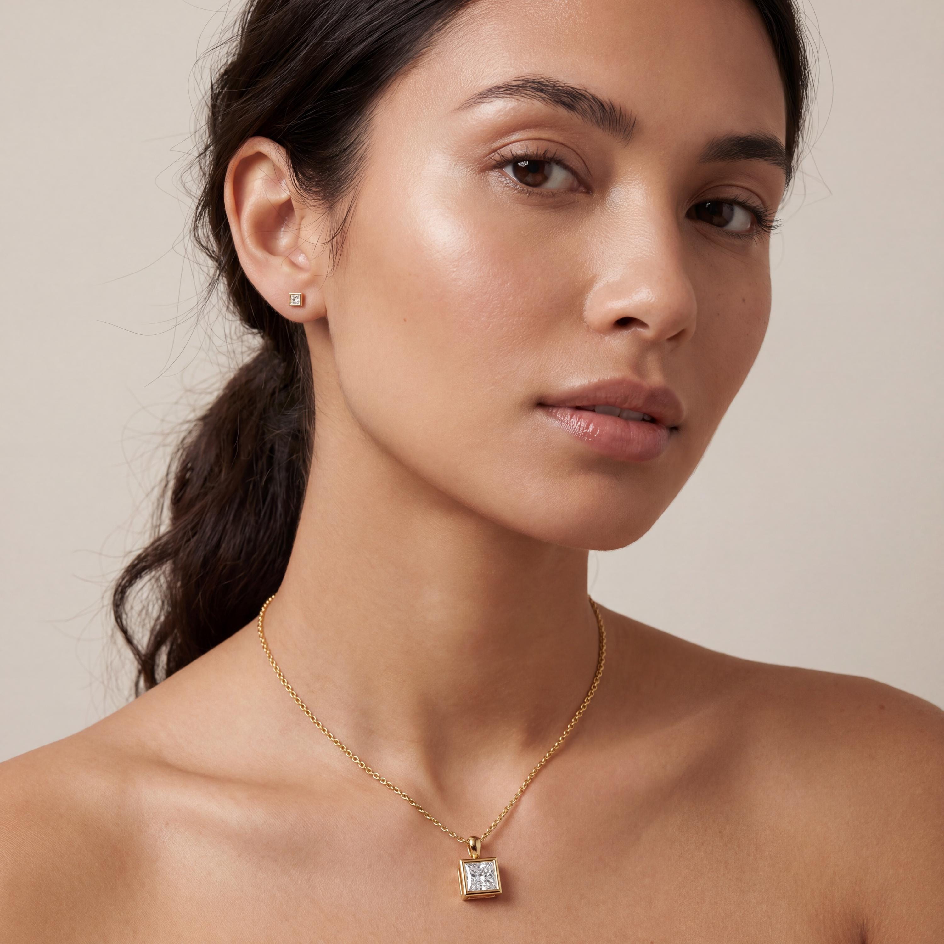 14K Gold Diamond Bezel Pendant  Elegant Princess Cut Necklace  Dainty Modern Minimalist Gift For Her By JIORE