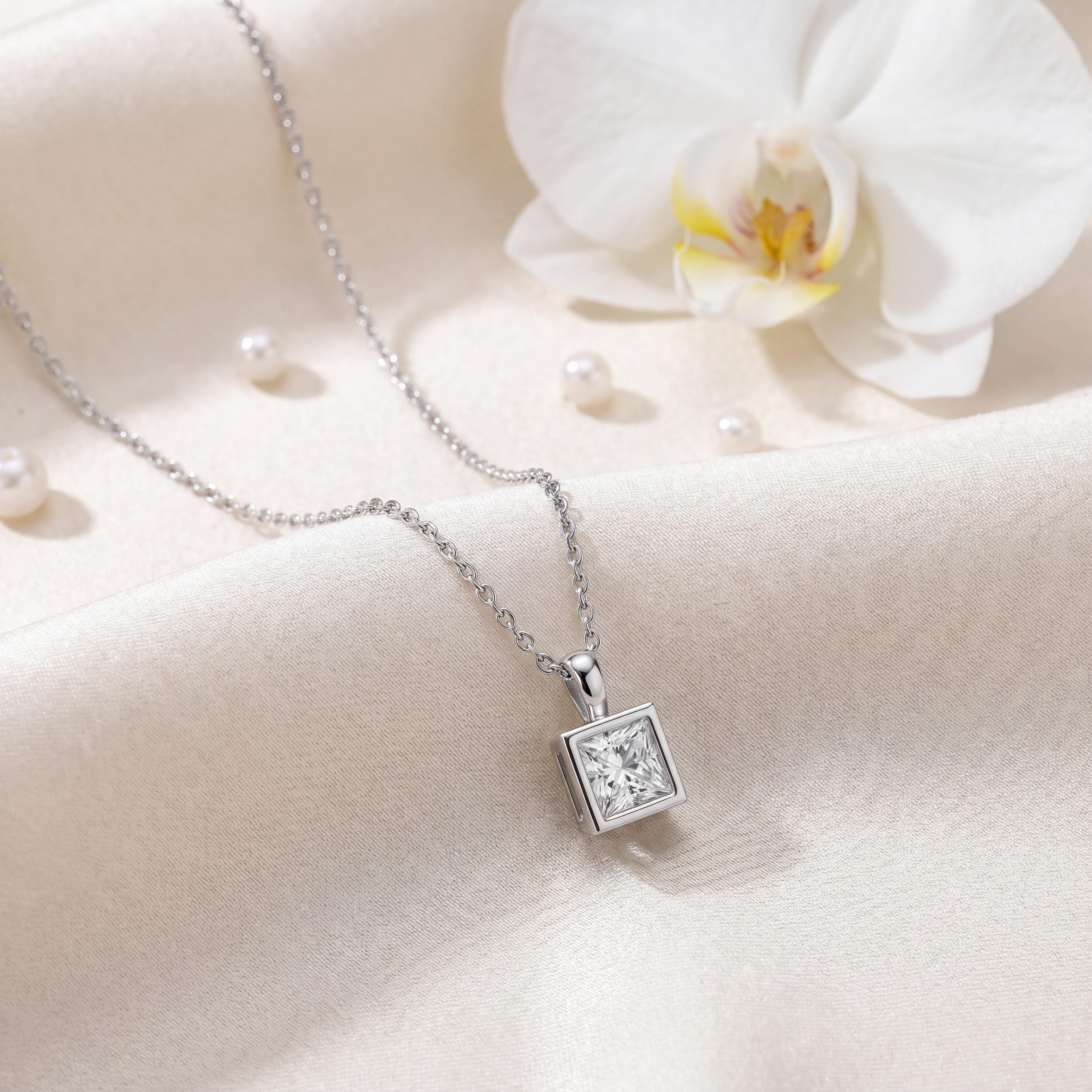 14K Gold Diamond Bezel Pendant  Elegant Princess Cut Necklace  Dainty Modern Minimalist Gift For Her By JIORE