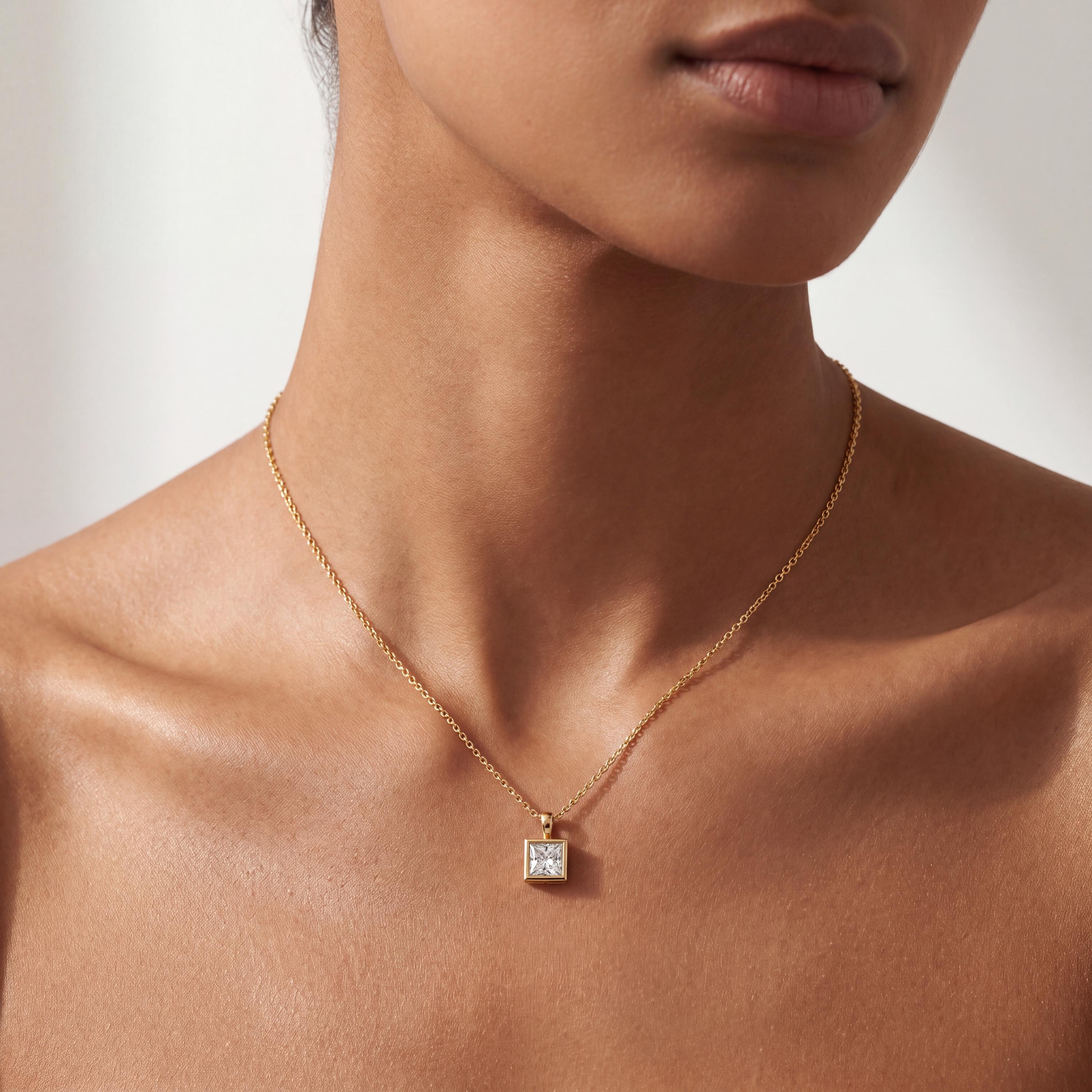 14K Gold Diamond Bezel Pendant  Elegant Princess Cut Necklace  Dainty Modern Minimalist Gift For Her By JIORE