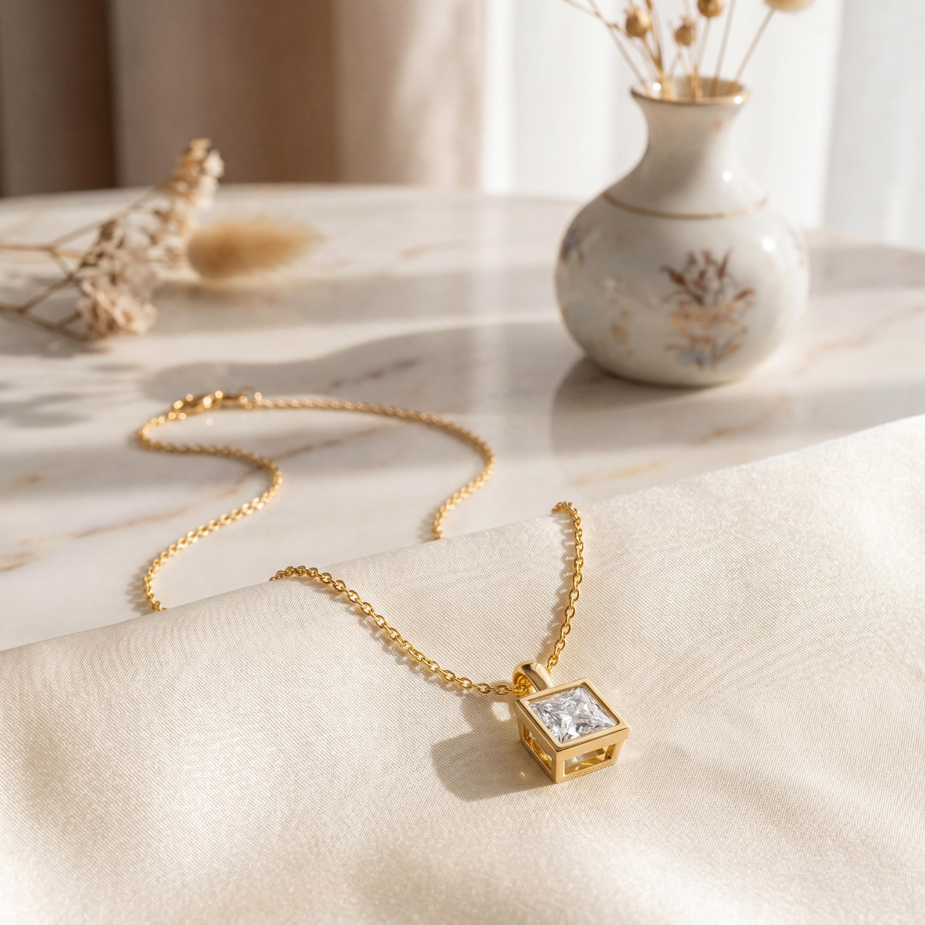 14K Gold Diamond Bezel Pendant  Elegant Princess Cut Necklace  Dainty Modern Minimalist Gift For Her By JIORE