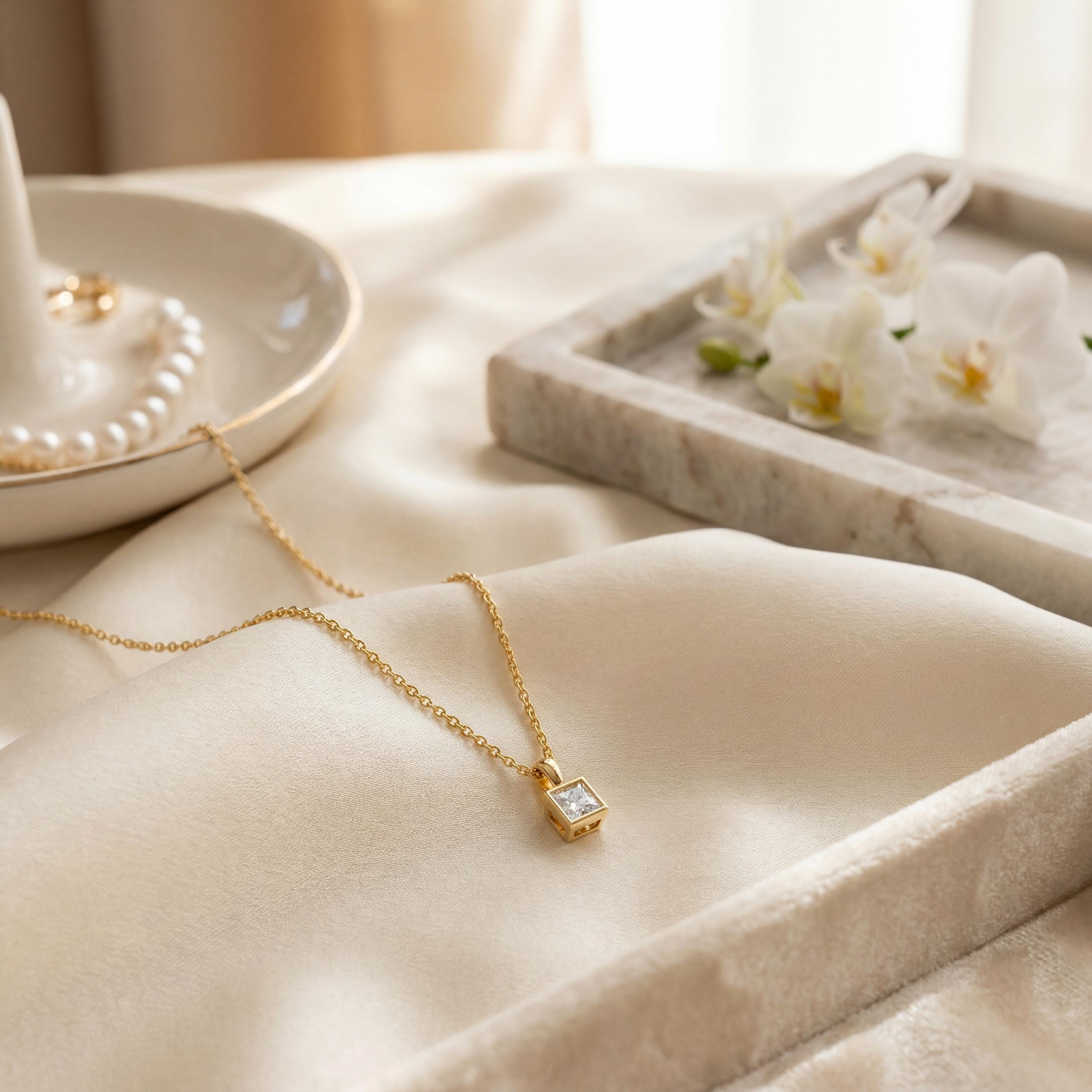 14K Gold Diamond Bezel Pendant  Elegant Princess Cut Necklace  Dainty Modern Minimalist Gift For Her By JIORE