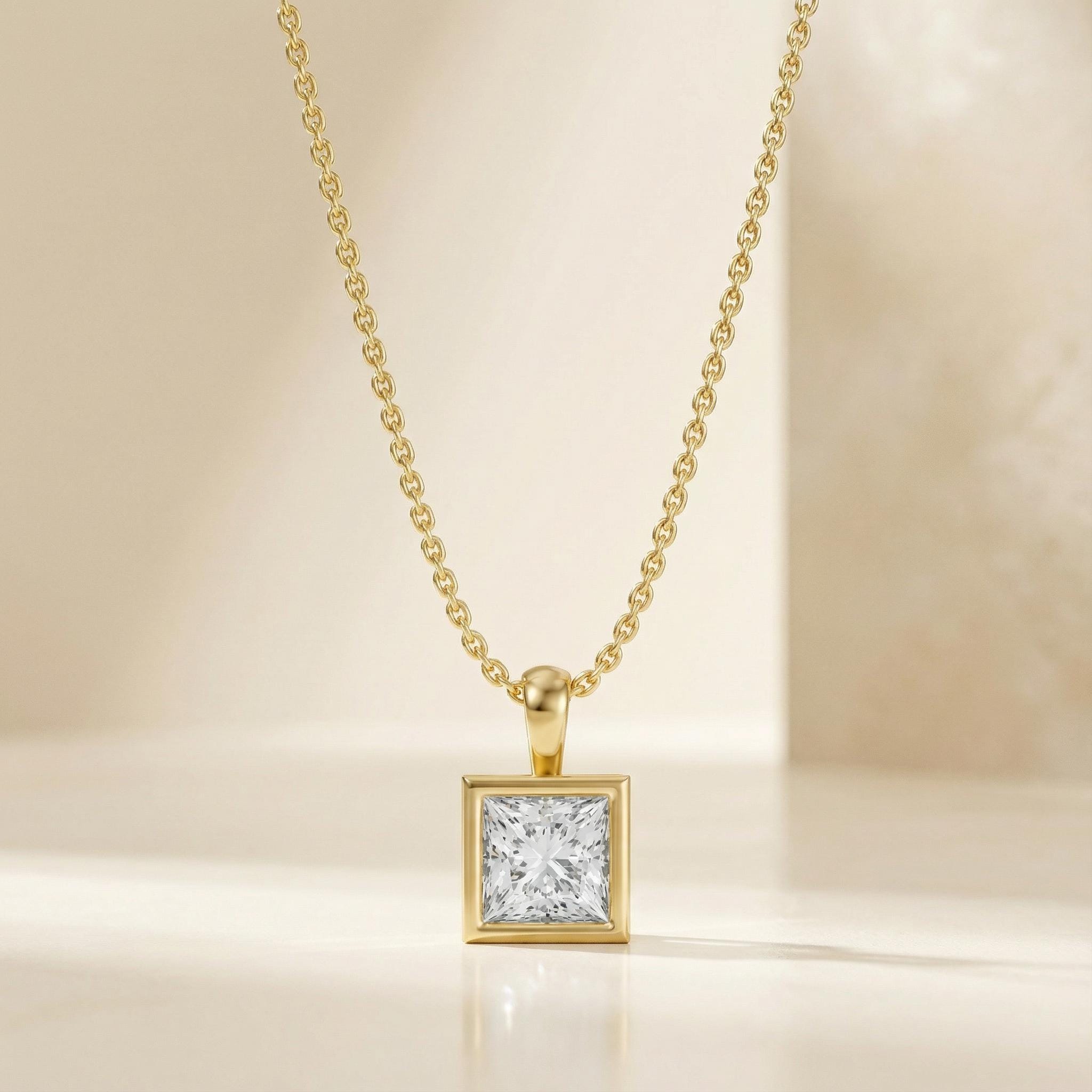 14K Gold Diamond Bezel Pendant  Elegant Princess Cut Necklace  Dainty Modern Minimalist Gift For Her By JIORE