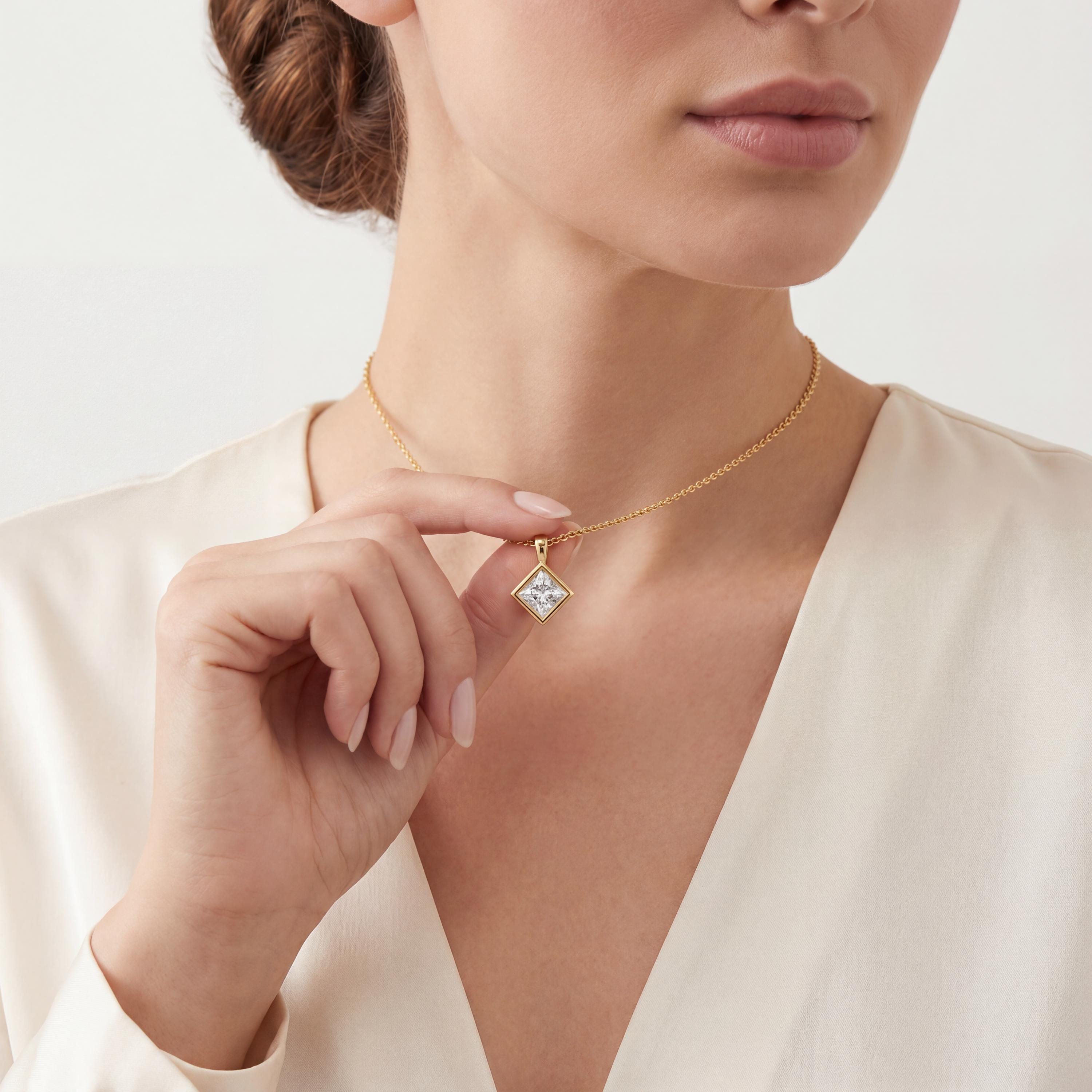 14K Gold Diamond Bezel Pendant  Elegant Princess Cut Necklace  Dainty Modern Minimalist Gift For Her By JIORE