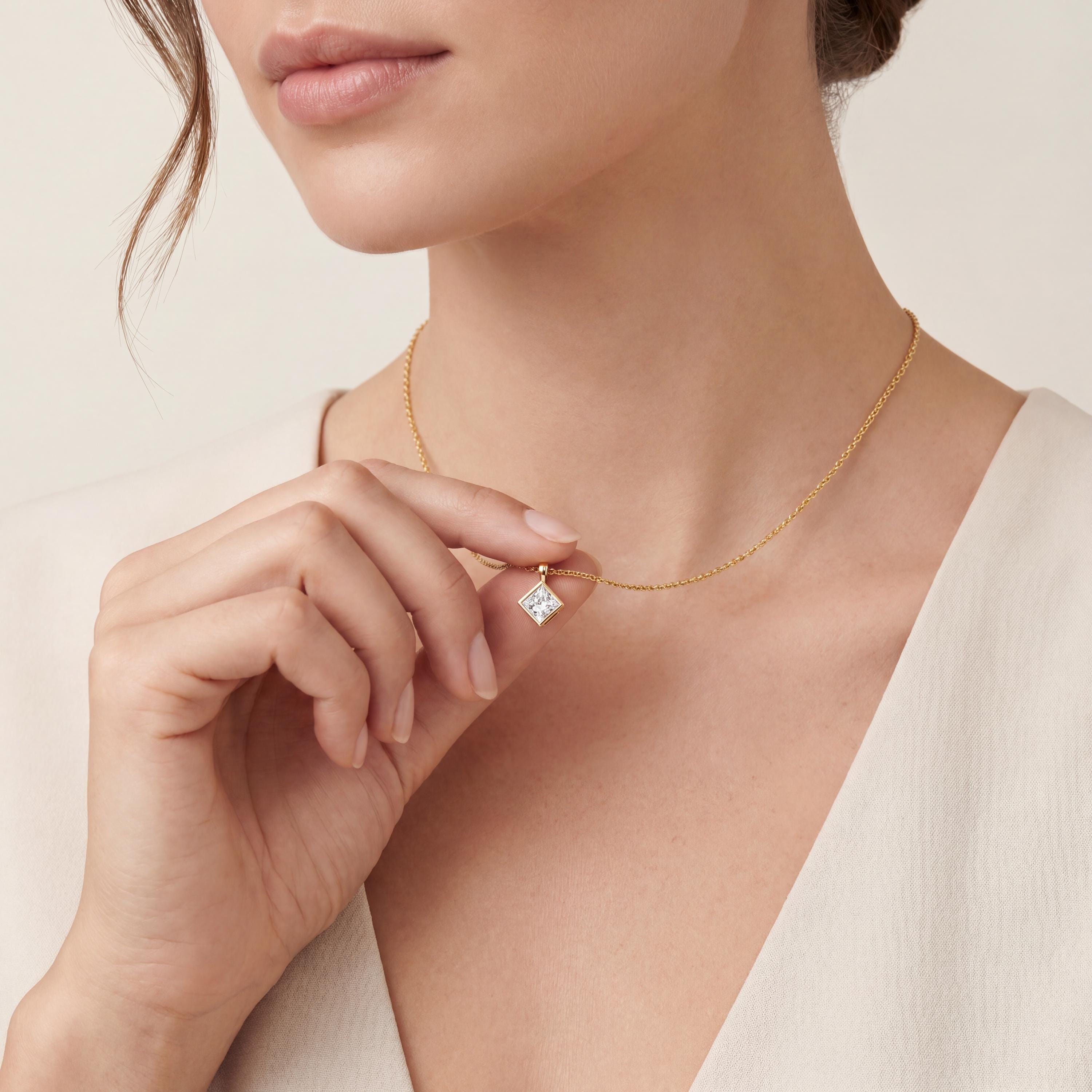 14K Gold Diamond Bezel Pendant  Elegant Princess Cut Necklace  Dainty Modern Minimalist Gift For Her By JIORE