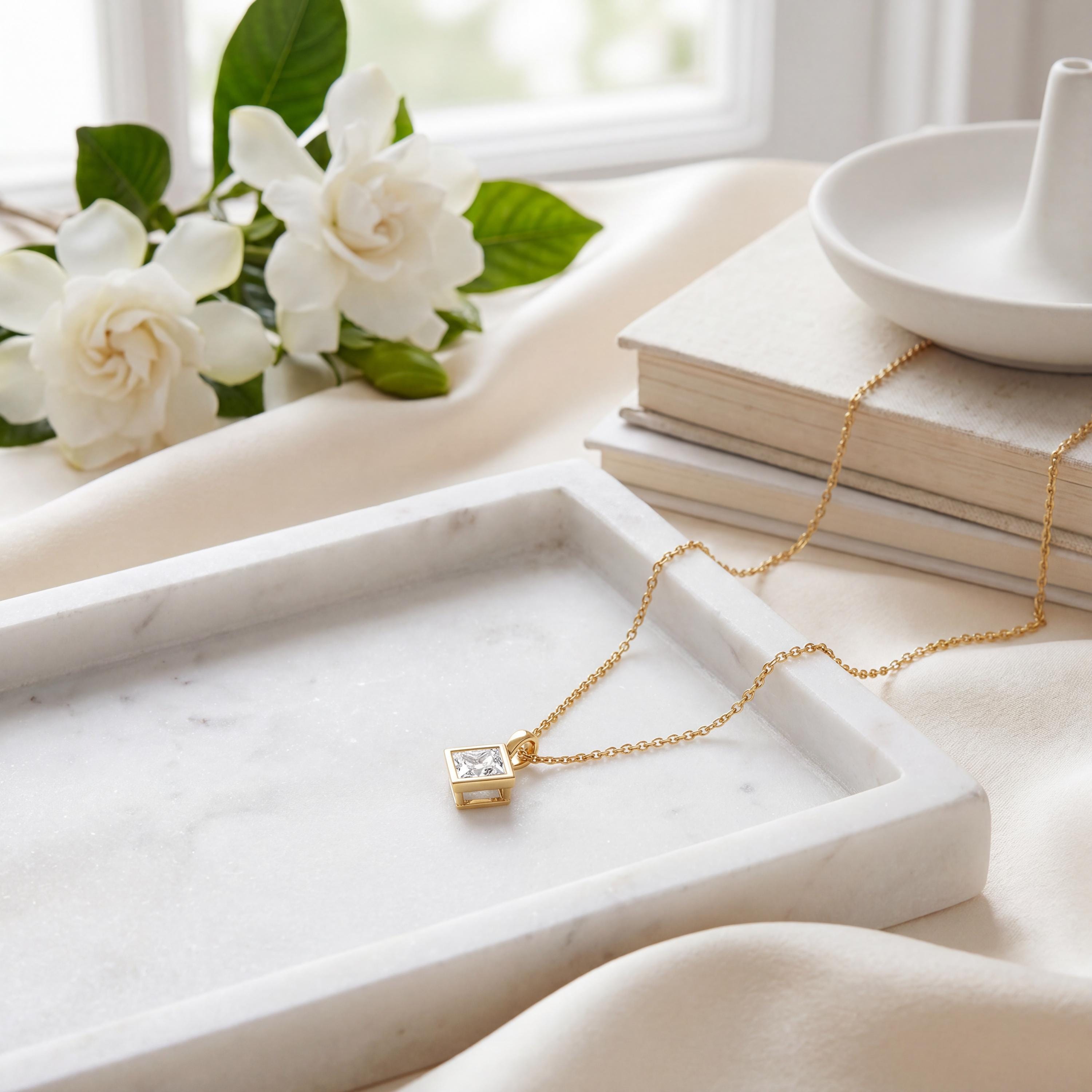 14K Gold Diamond Bezel Pendant  Elegant Princess Cut Necklace  Dainty Modern Minimalist Gift For Her By JIORE