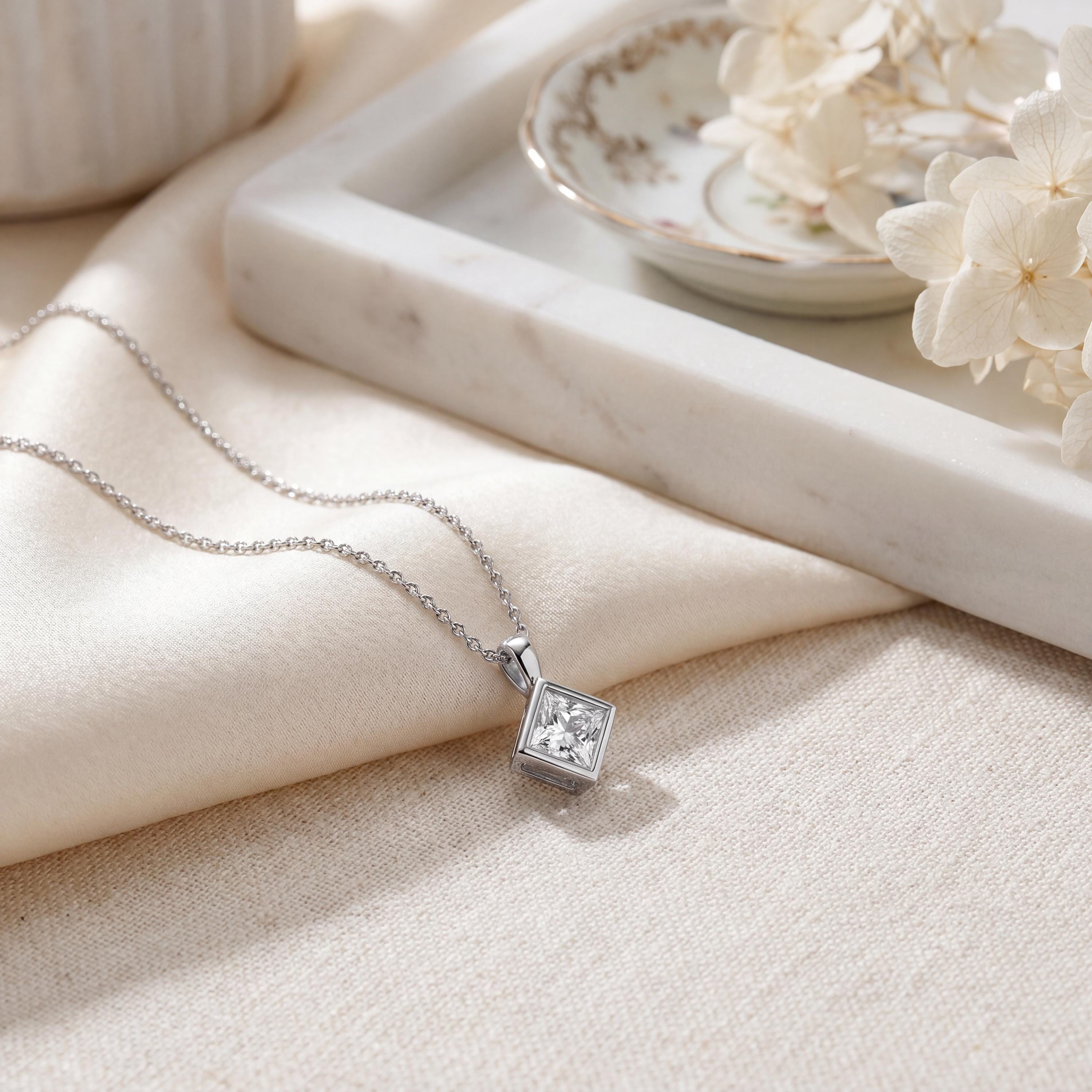 14K Gold Diamond Bezel Pendant  Elegant Princess Cut Necklace  Dainty Modern Minimalist Gift For Her By JIORE