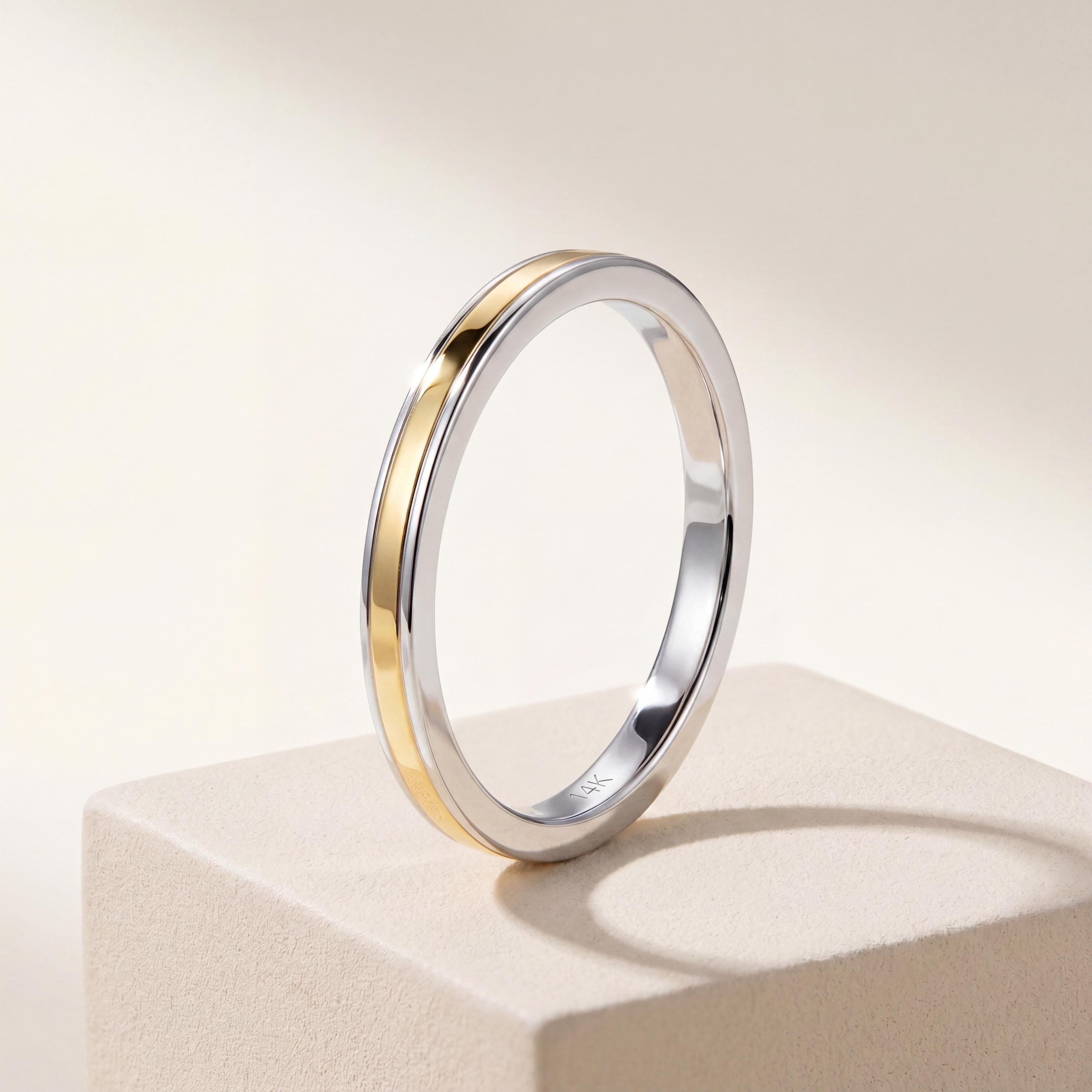 14K Yellow Gold 2MM Two Tone Wedding Band Ring