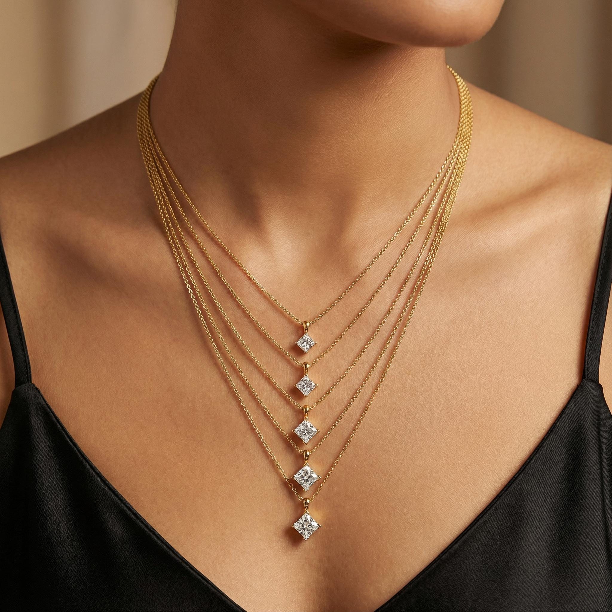 14K Gold Diamond Prong Set Pendant  Elegant Princess Cut Necklace  Dainty Modern Minimalist Gift For Her By JIORE
