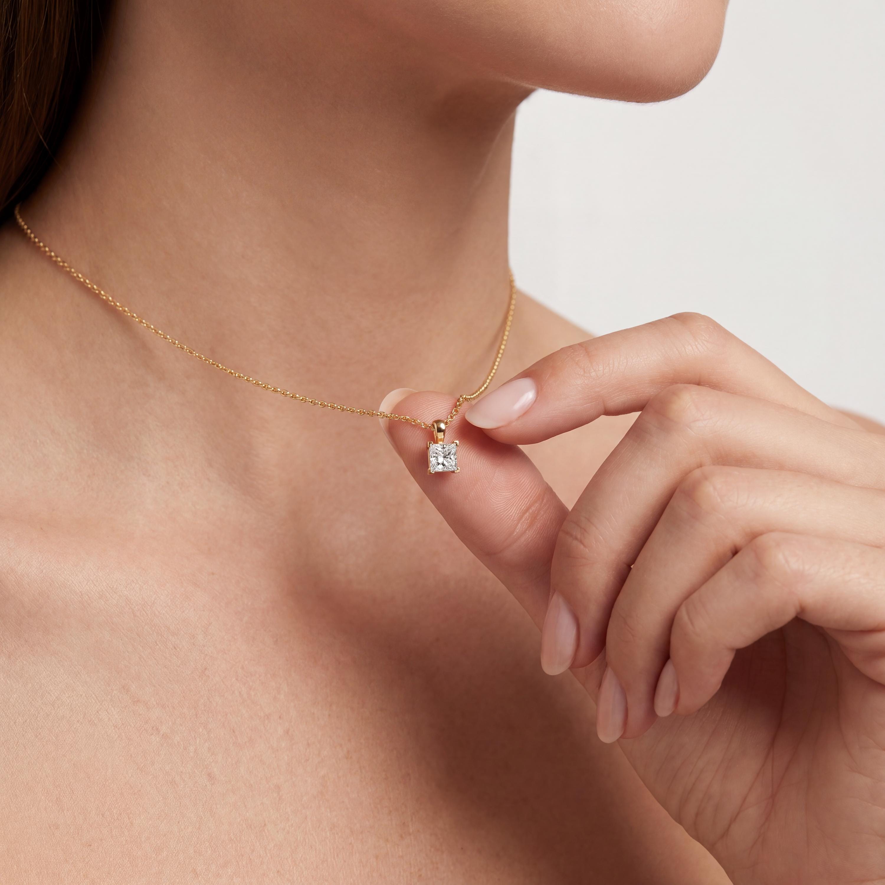 14K Gold Diamond Prong Set Pendant  Elegant Princess Cut Necklace  Dainty Modern Minimalist Gift For Her By JIORE