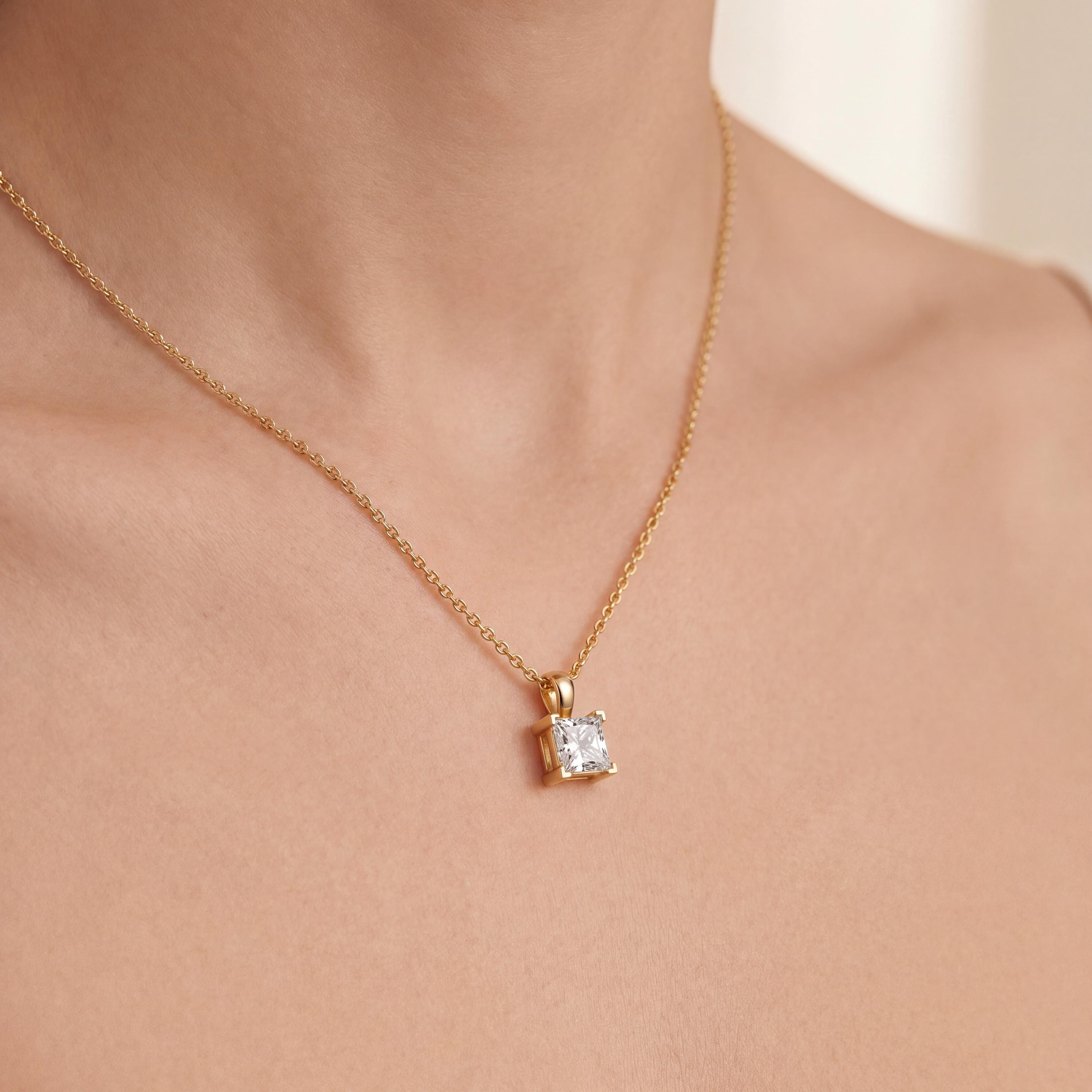 14K Gold Diamond Prong Set Pendant  Elegant Princess Cut Necklace  Dainty Modern Minimalist Gift For Her By JIORE