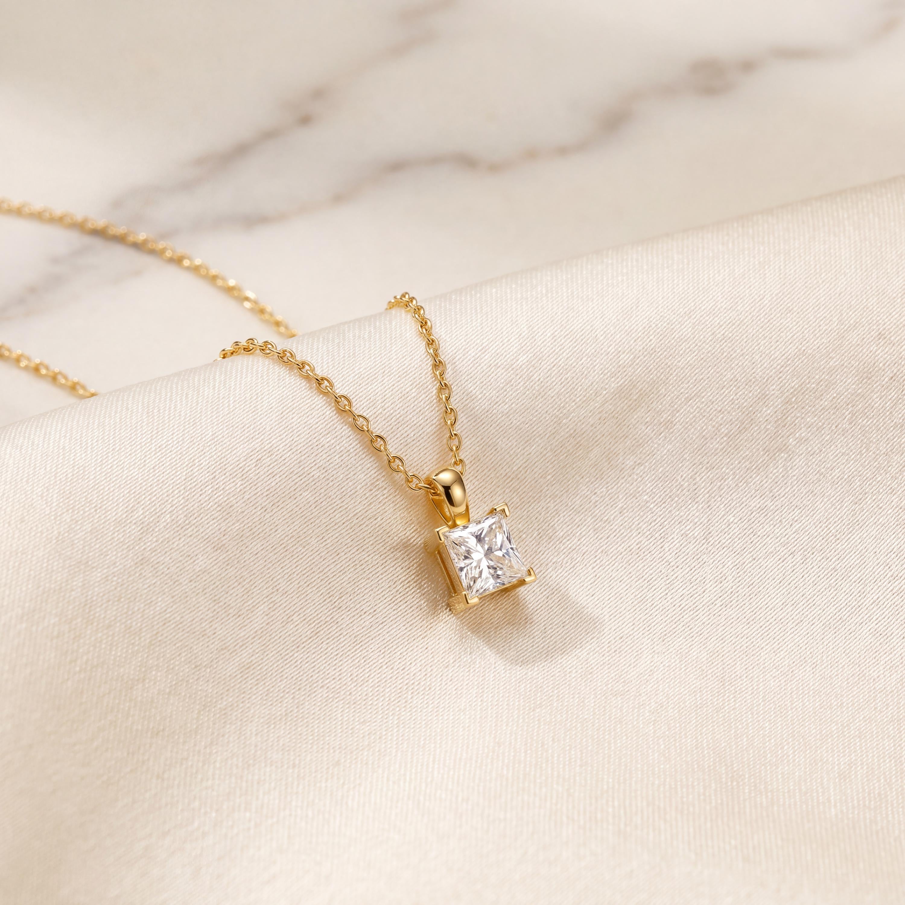 14K Gold Diamond Prong Set Pendant  Elegant Princess Cut Necklace  Dainty Modern Minimalist Gift For Her By JIORE