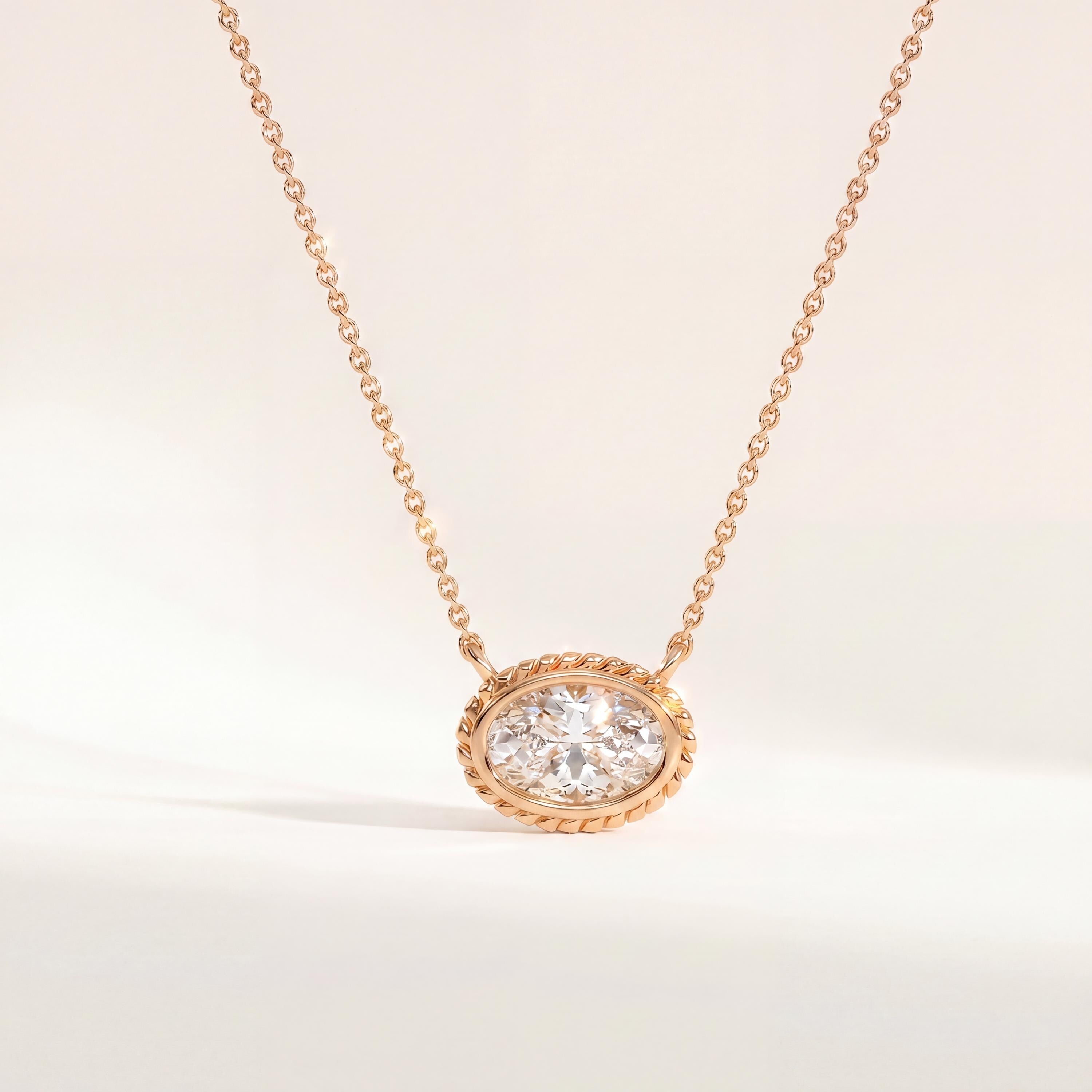 Oval Diamond Solitaire Bezel Set Halo Rope 14K Solid Gold Pendant Necklace