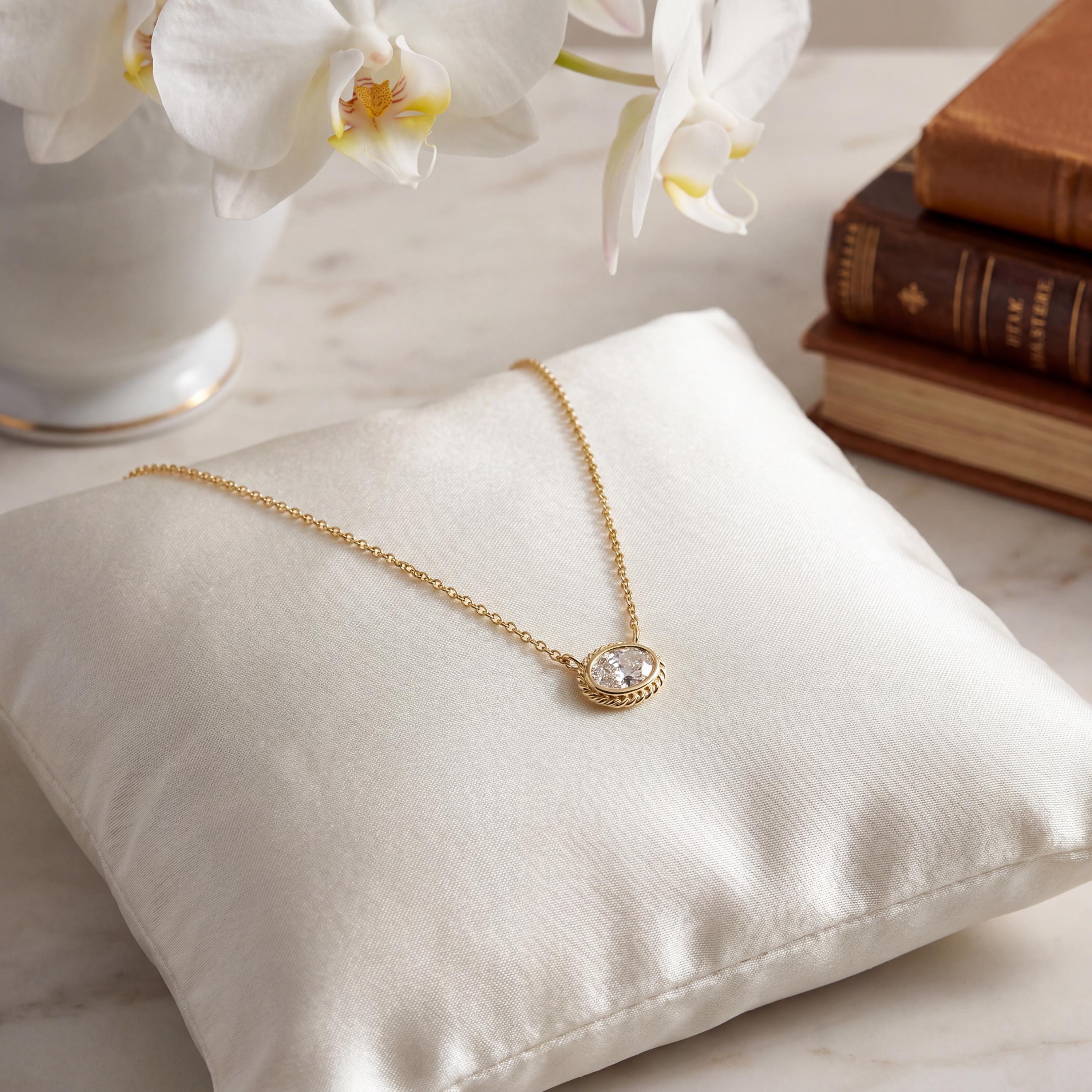 Oval Diamond Solitaire Bezel Set Halo Rope 14K Solid Gold Pendant Necklace