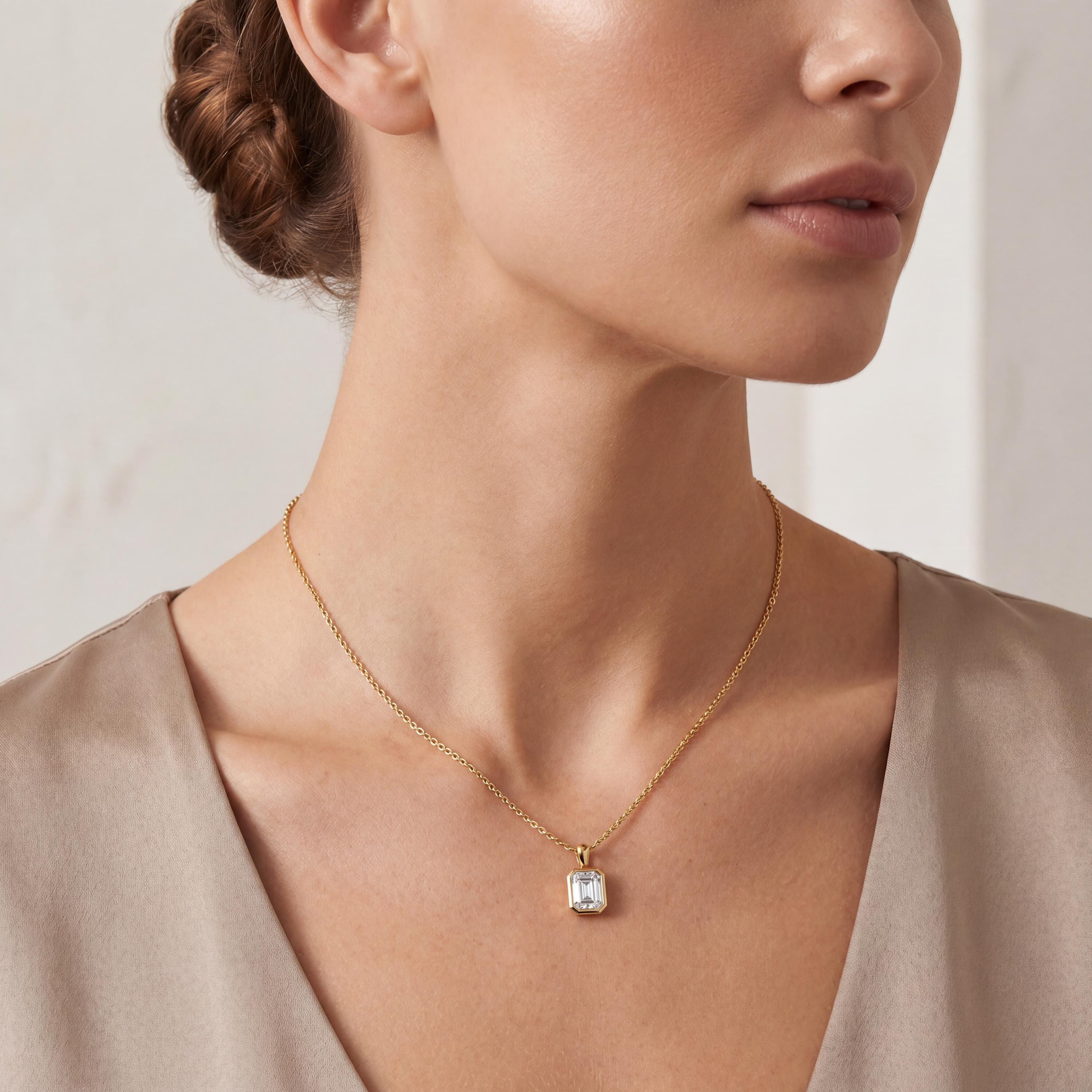 14K Gold Diamond Bezel Pendant  Elegant Emerald Cut Necklace  Dainty Modern Minimalist Gift For Her By JIORE