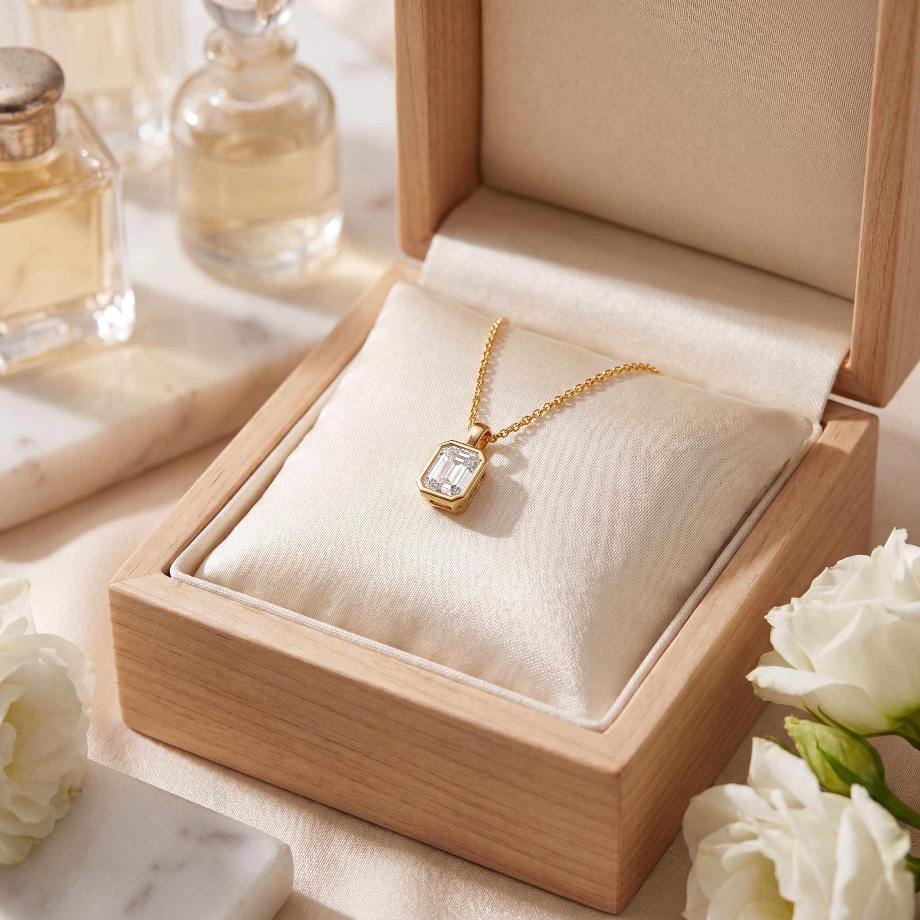 14K Gold Diamond Bezel Pendant  Elegant Emerald Cut Necklace  Dainty Modern Minimalist Gift For Her By JIORE