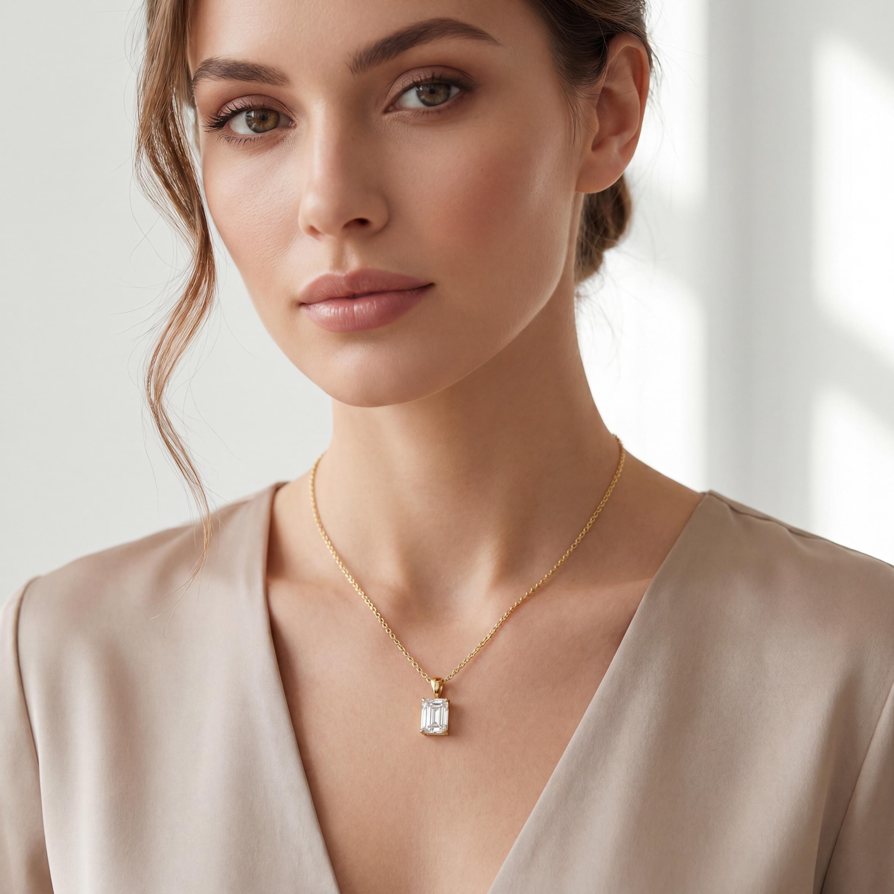 14K Gold Diamond Prong Set Pendant  Elegant Emerald Cut Necklace  Dainty Modern Minimalist Gift For Her By JIORE