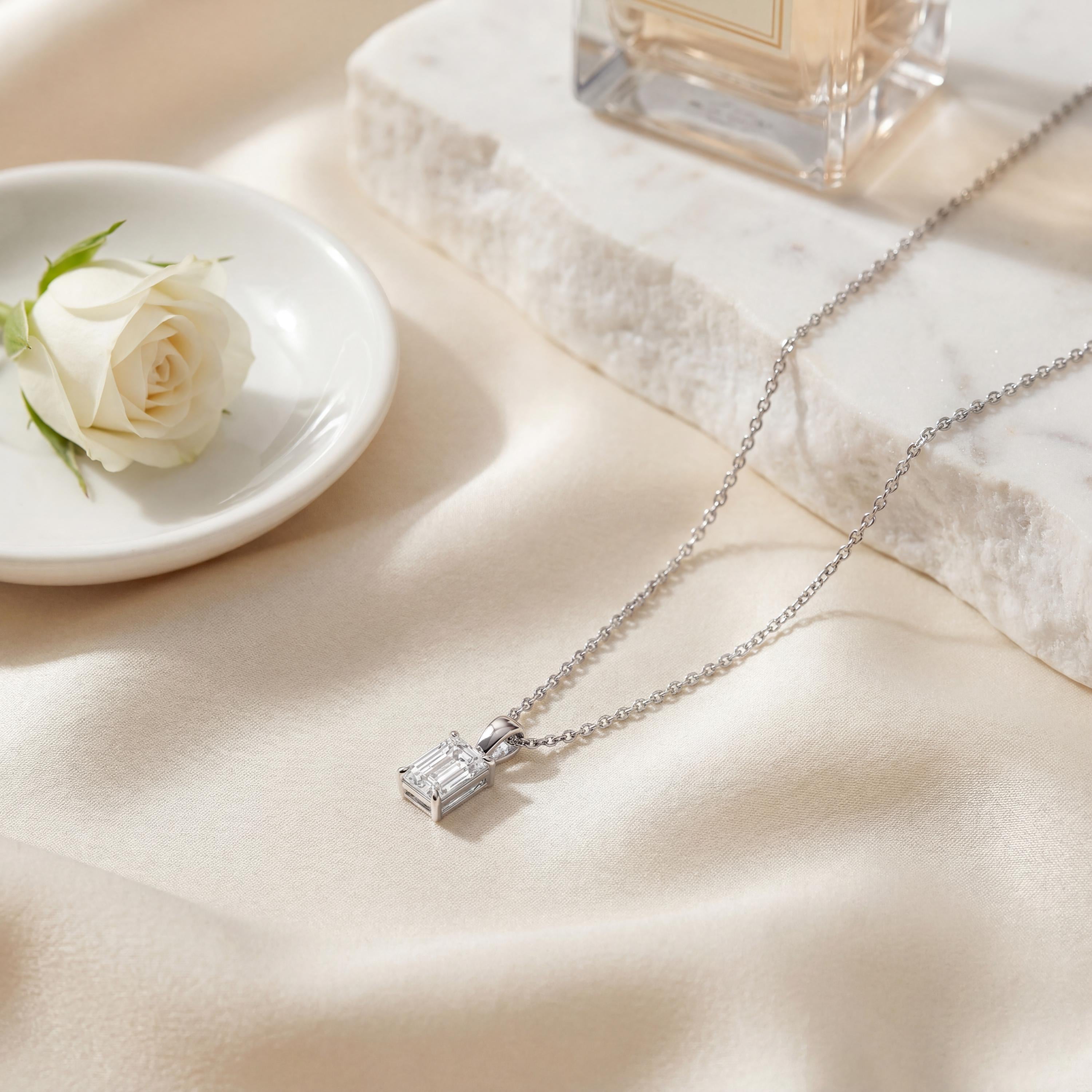 14K Gold Diamond Prong Set Pendant  Elegant Emerald Cut Necklace  Dainty Modern Minimalist Gift For Her By JIORE