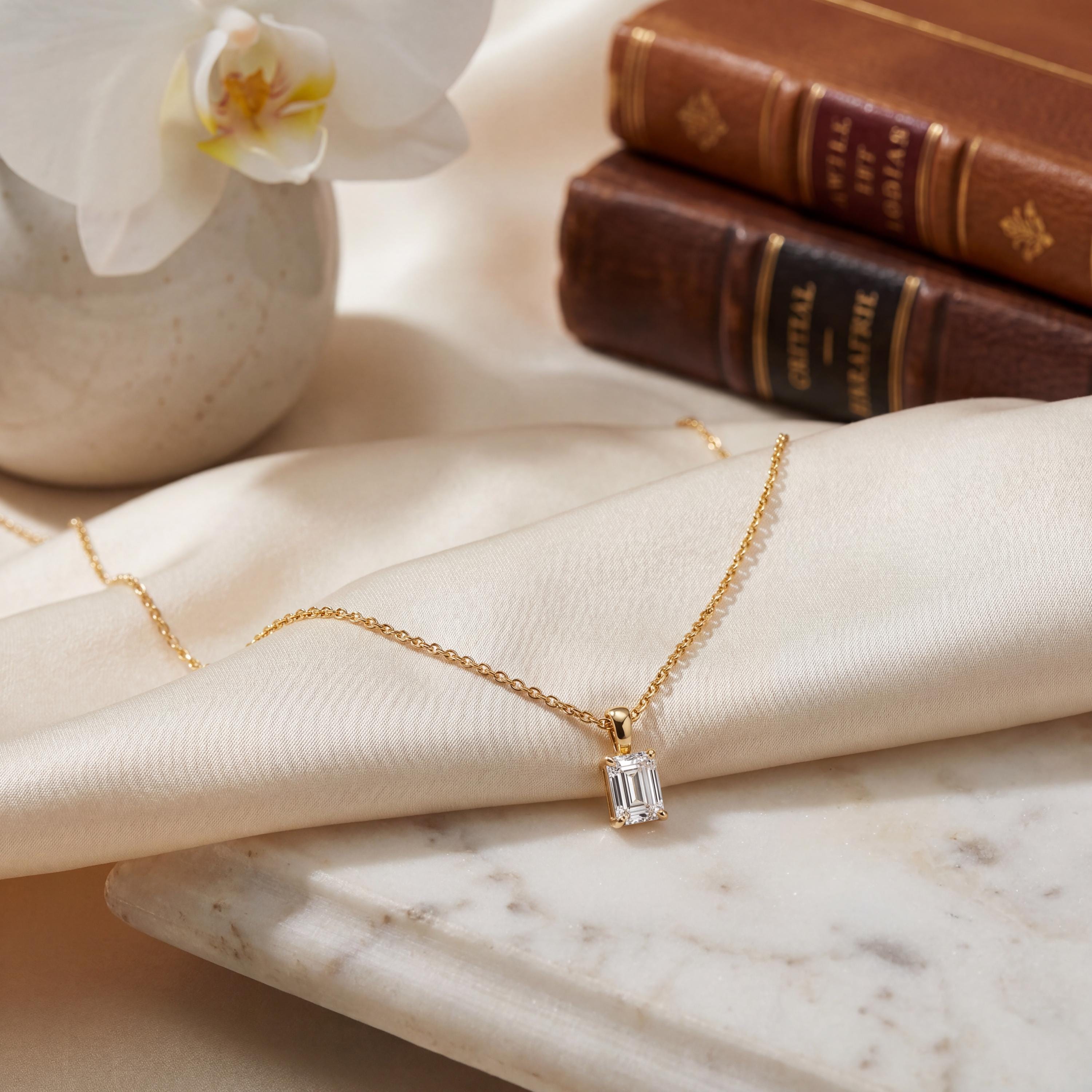 14K Gold Diamond Prong Set Pendant  Elegant Emerald Cut Necklace  Dainty Modern Minimalist Gift For Her By JIORE