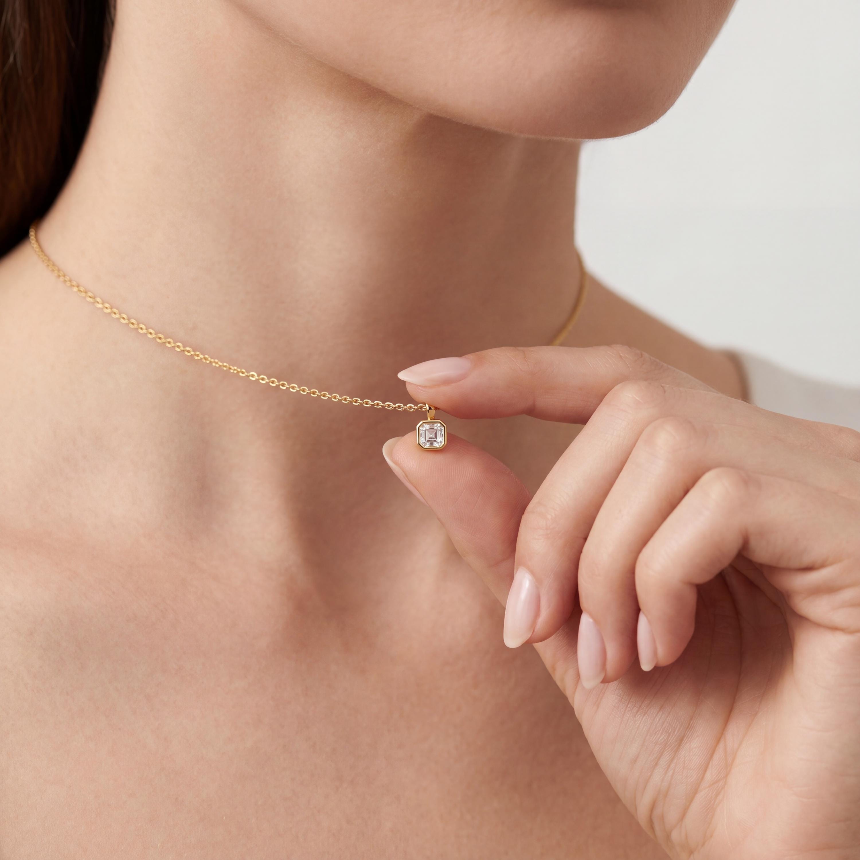 14K Gold Diamond Bezel Set Pendant  Elegant Asscher Cut Necklace  Dainty Modern Minimalist Gift For Her By JIORE