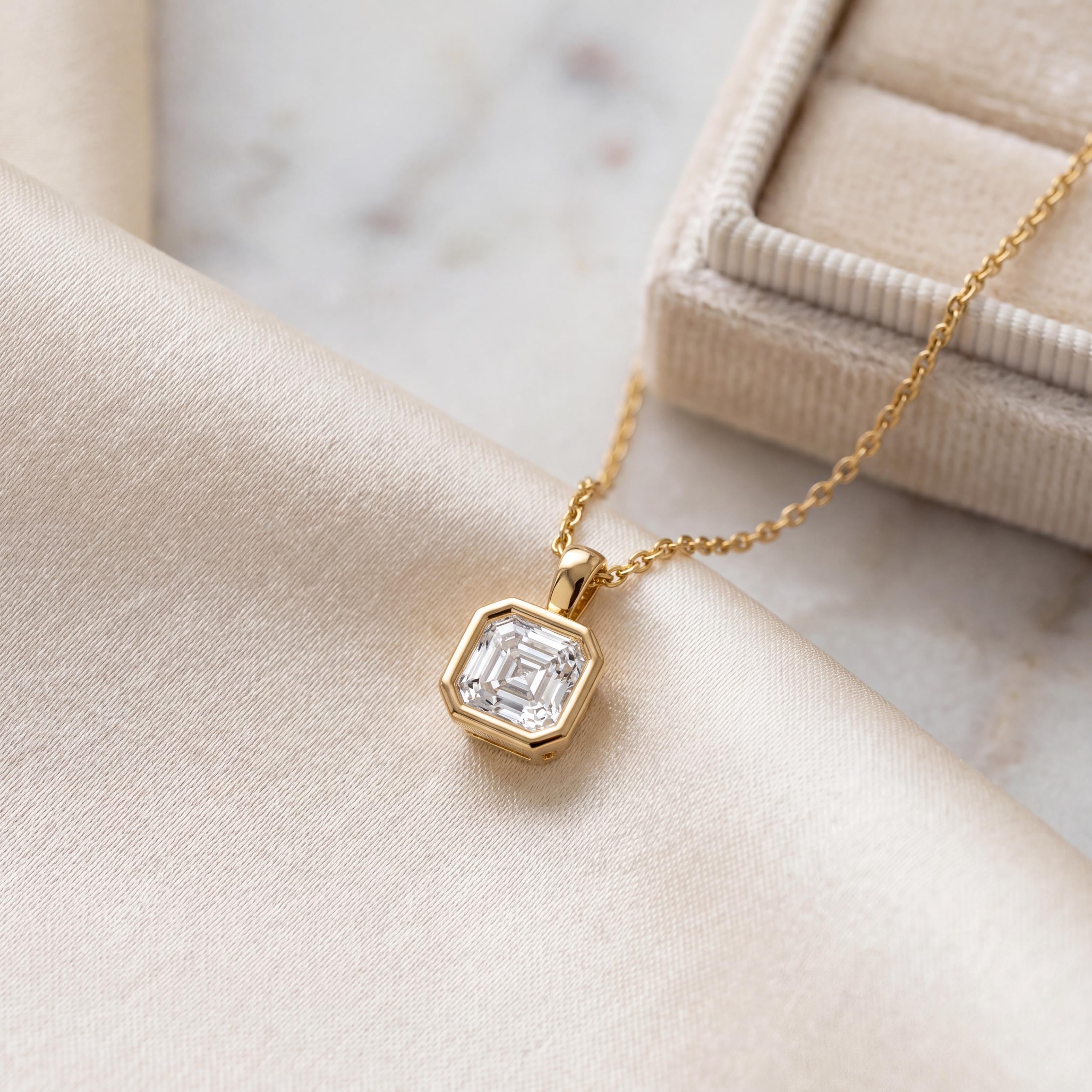 14K Gold Diamond Bezel Set Pendant  Elegant Asscher Cut Necklace  Dainty Modern Minimalist Gift For Her By JIORE