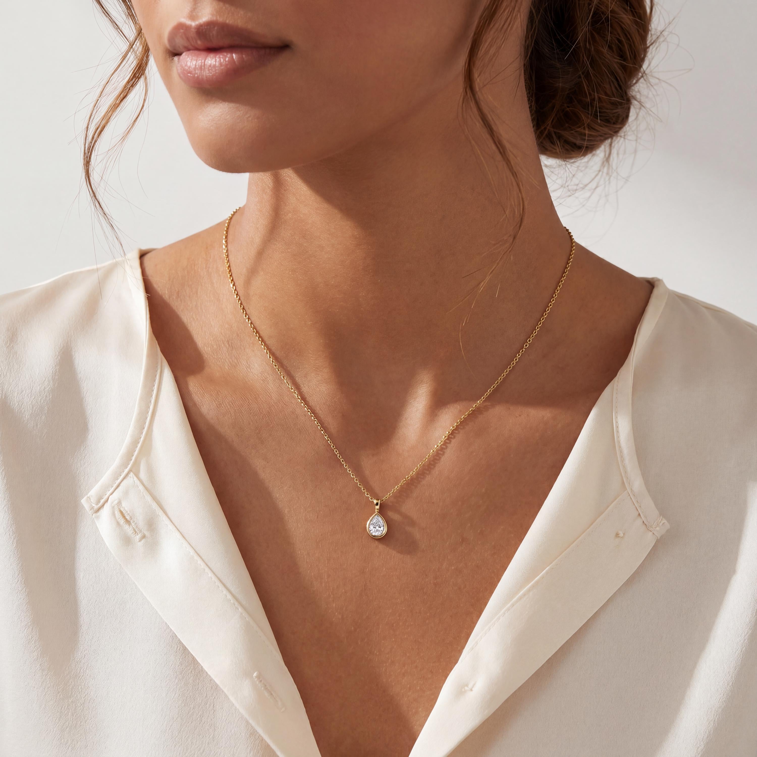 14K Gold Diamond Bezel Pendant  Elegant Pear Shape Tear Drop Necklace  Dainty Modern Minimalist Gift For Her By JIORE