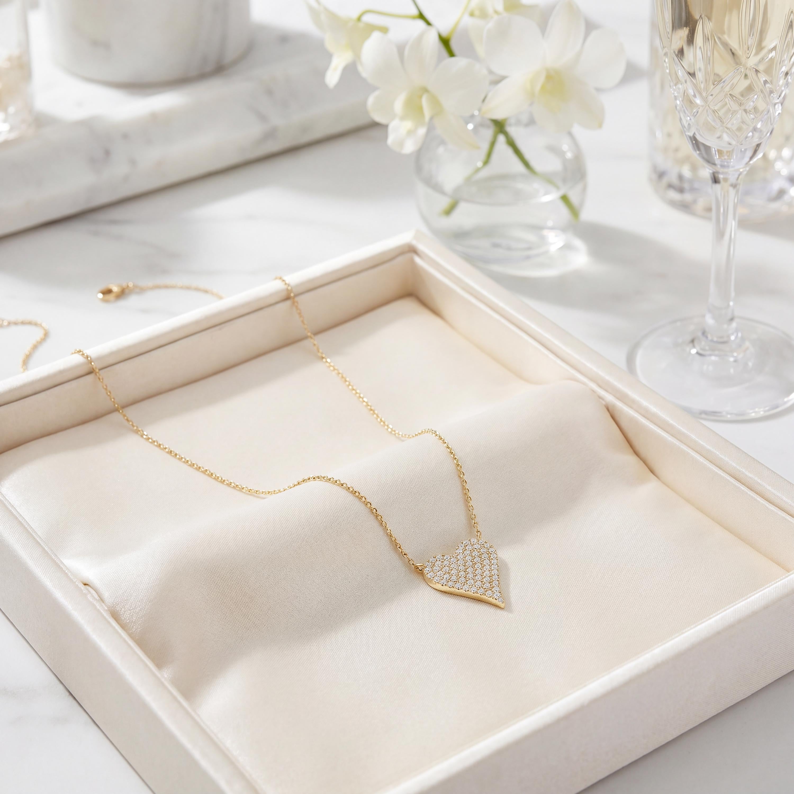 Diamond Pave Elongated Heart 14K Solid Gold Pendant Necklace