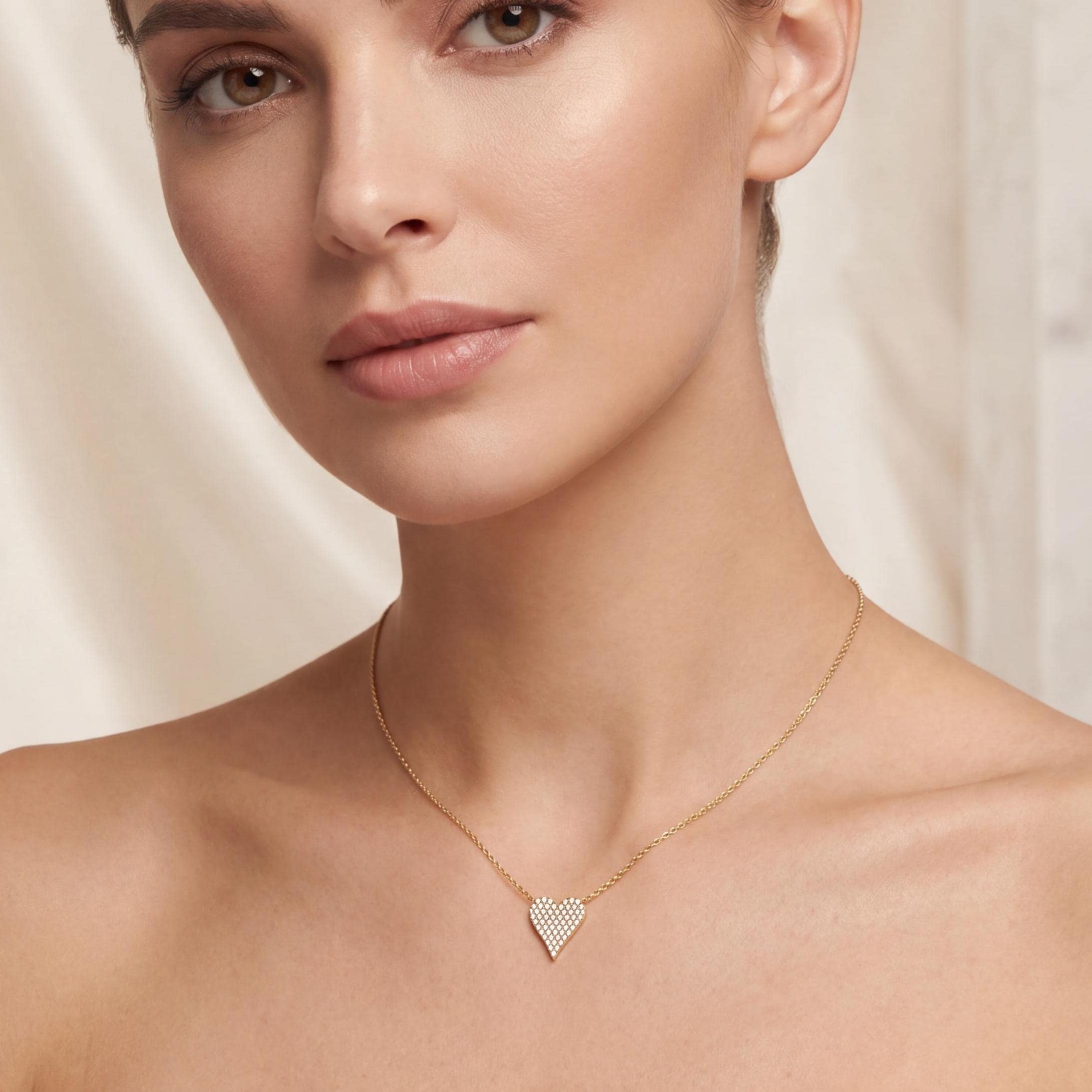 Diamond Pave Elongated Heart 14K Solid Gold Pendant Necklace