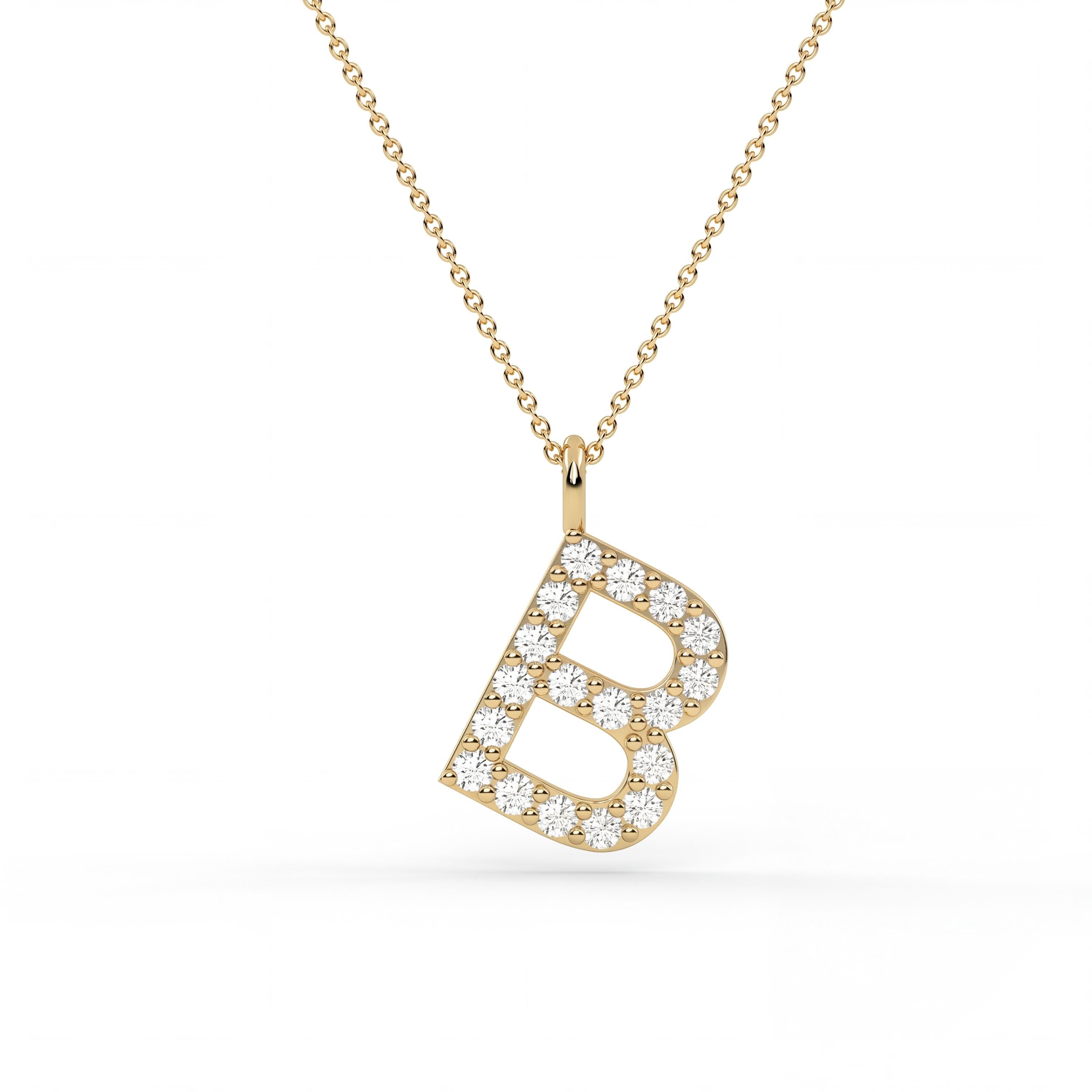 Round Diamond Pave 14K Dainty Solid Gold Initial Letter Necklace Pendant