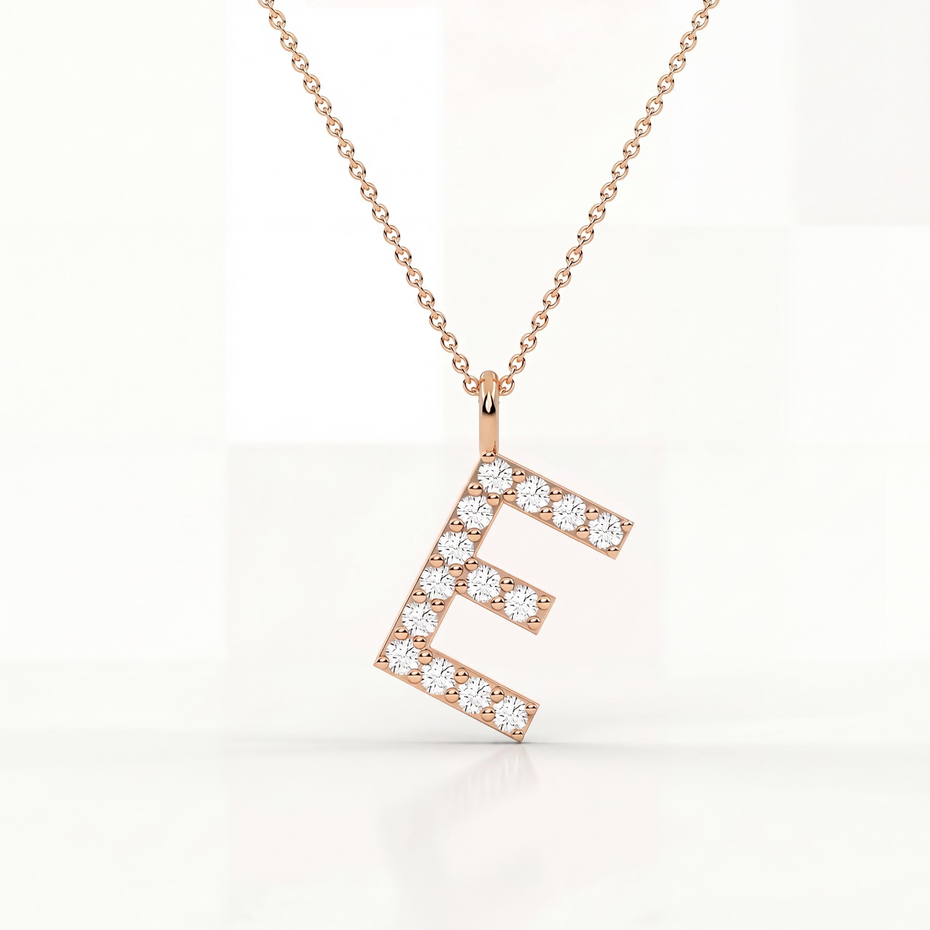 Round Diamond Pave 14K Dainty Solid Gold Initial Letter Necklace Pendant