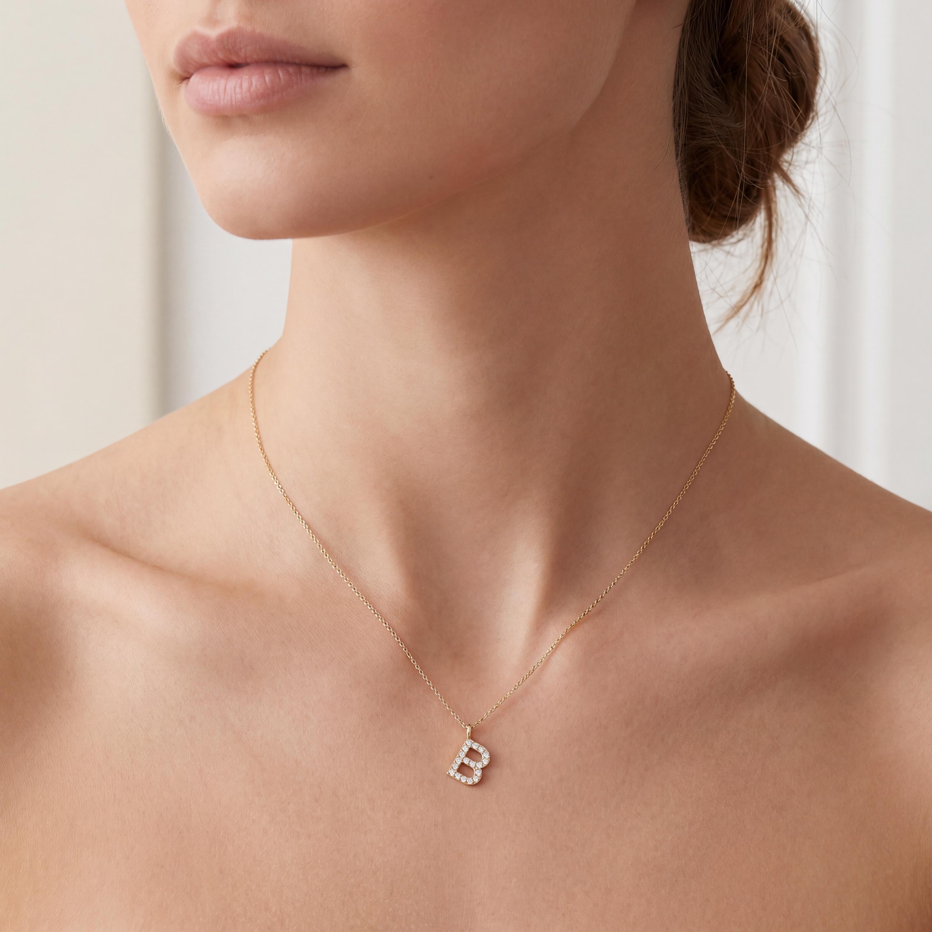 Round Diamond Pave 14K Dainty Solid Gold Initial Letter Necklace Pendant