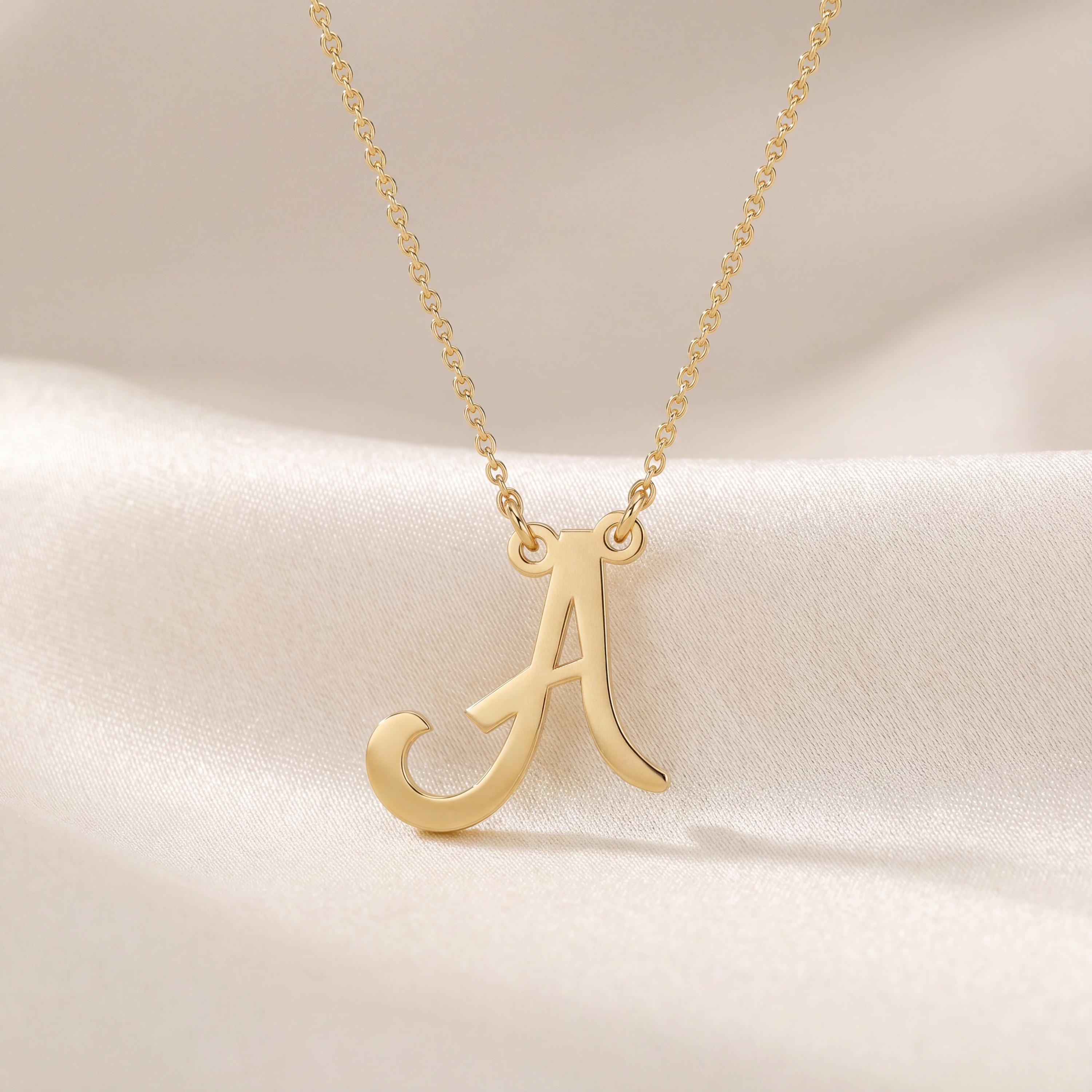 Personalized Script 14K Dainty Solid Gold Initial Letter Necklace Pendant
